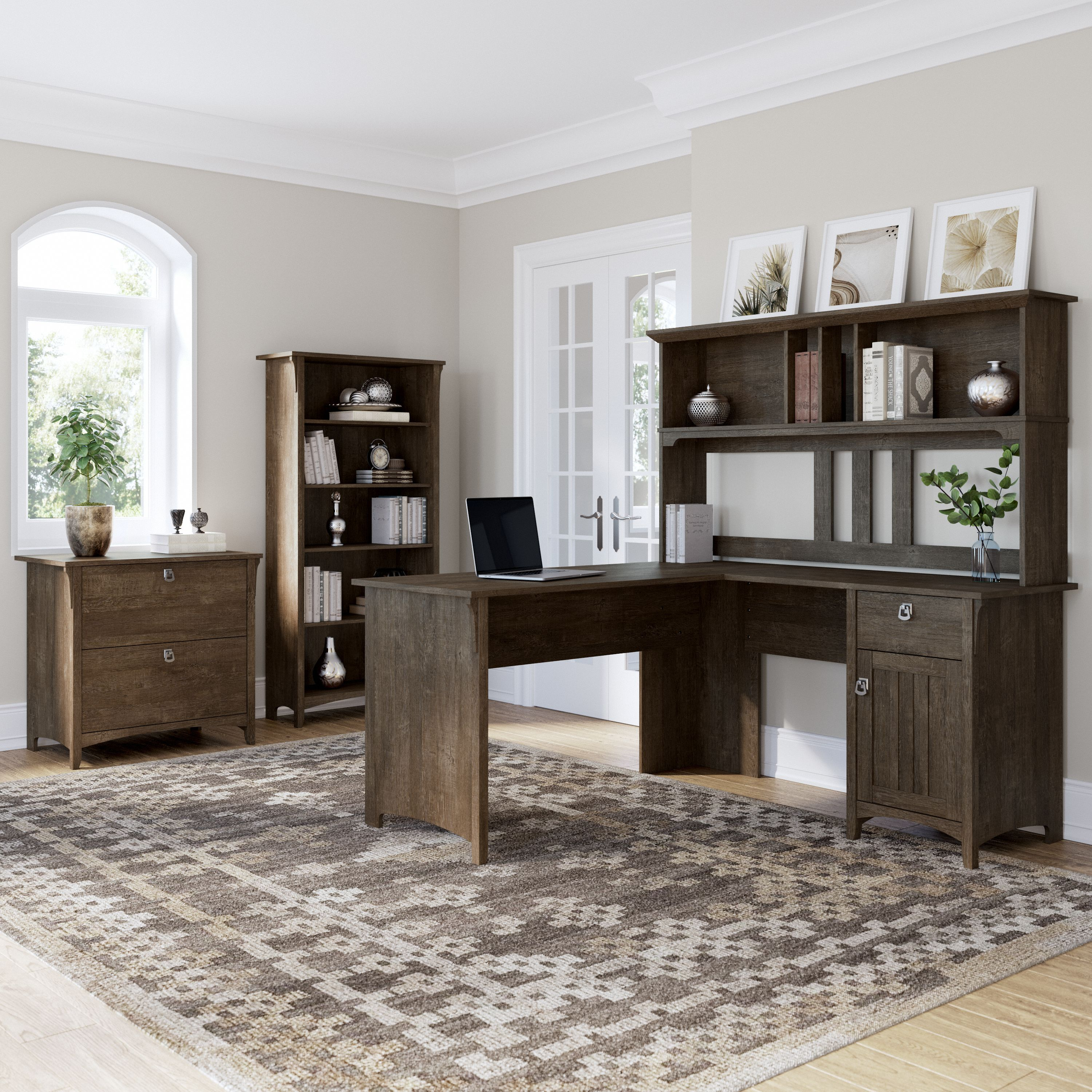 Shop Bush Furniture Salinas 60W L Shaped Desk with Hutch, Lateral File Cabinet and 5 Shelf Bookcase 01 SAL007ABR #color_ash brown