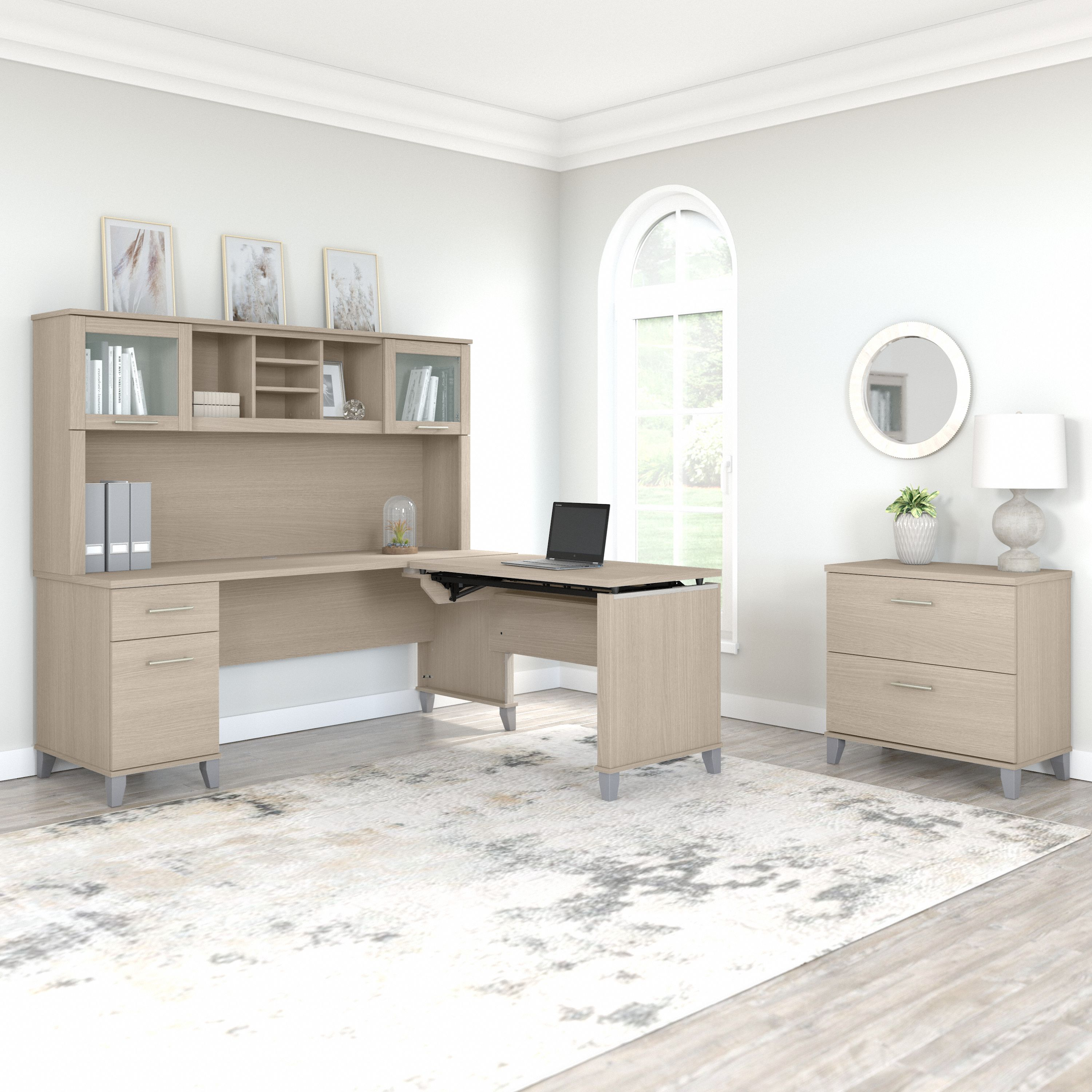 Shop Bush Furniture Somerset 72W 3 Position Sit to Stand L Shaped Desk with Hutch and File Cabinet 06 SET016SO #color_sand oak