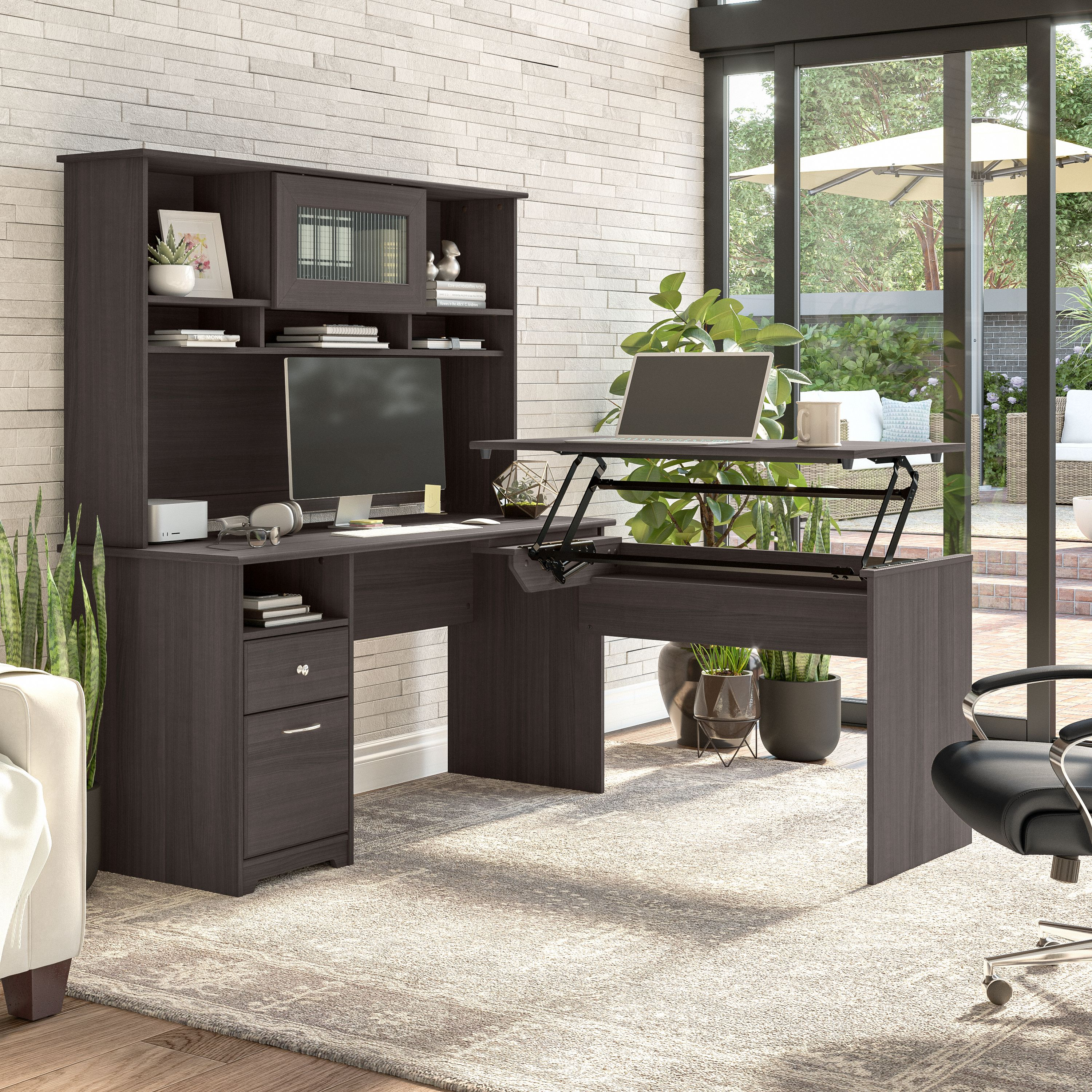 Shop Bush Furniture Cabot 60W 3 Position Sit to Stand L Shaped Desk with Hutch 01 CAB045HRG #color_heather gray