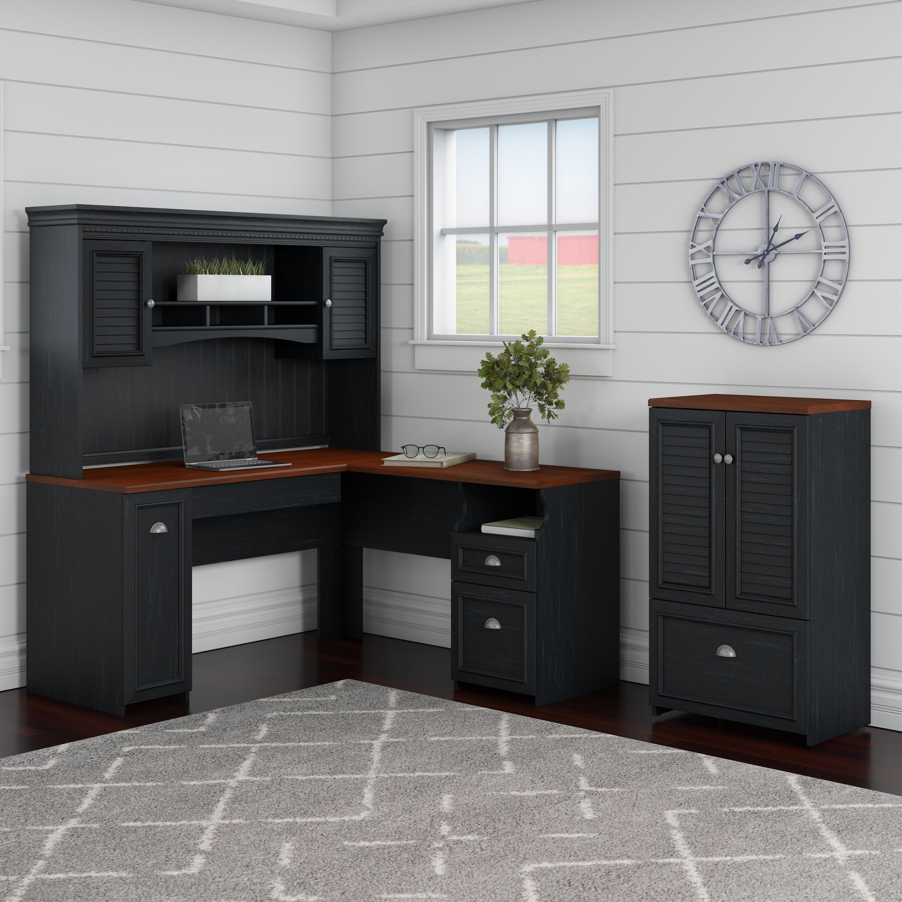 Shop Bush Furniture Fairview 60W L Shaped Desk with Hutch and Storage Cabinet with File Drawer 01 FV010AB #color_antique black/hansen cherry