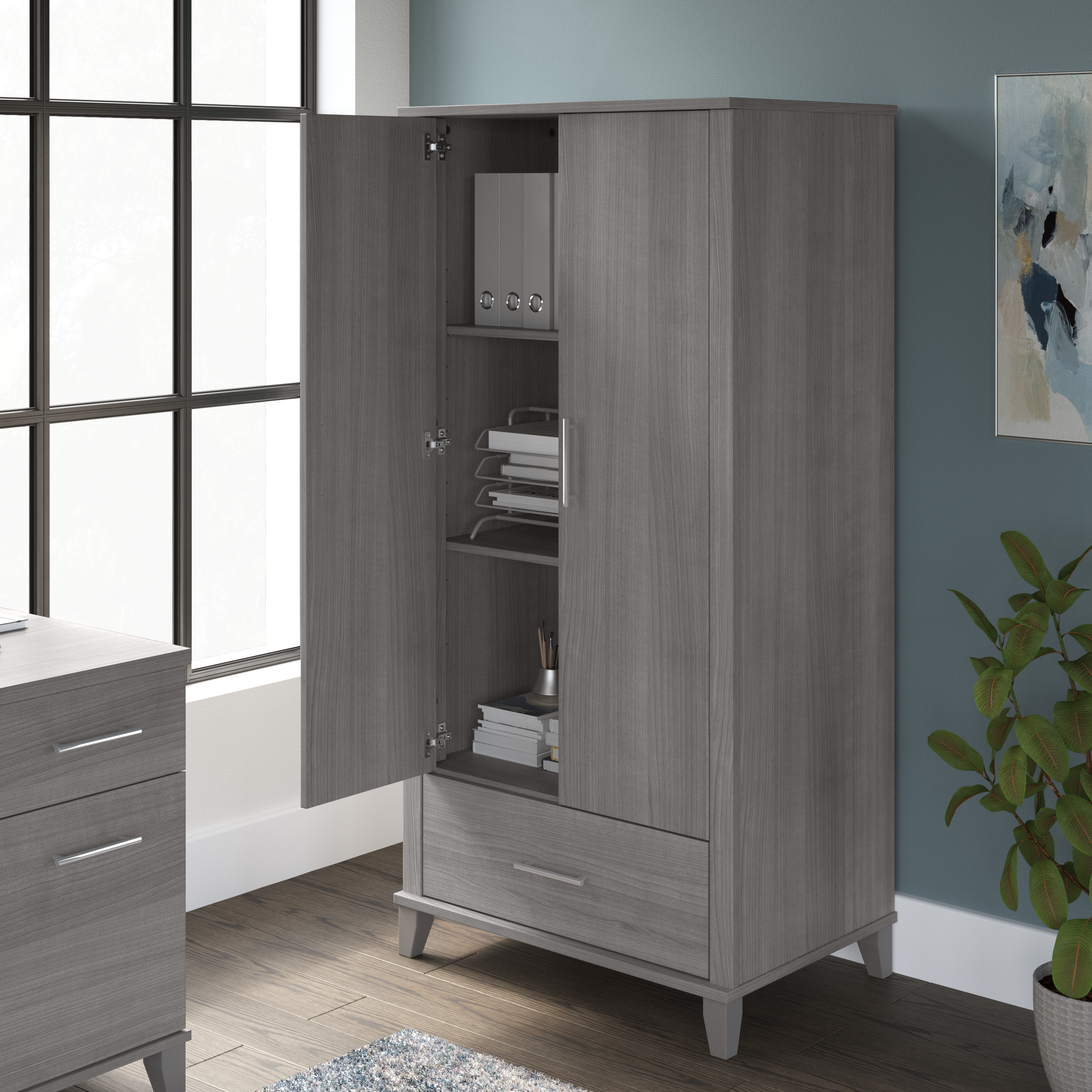Shop Bush Furniture Somerset Tall Storage Cabinet with Doors and Drawer 06 STS166PGK-Z2 #color_platinum gray
