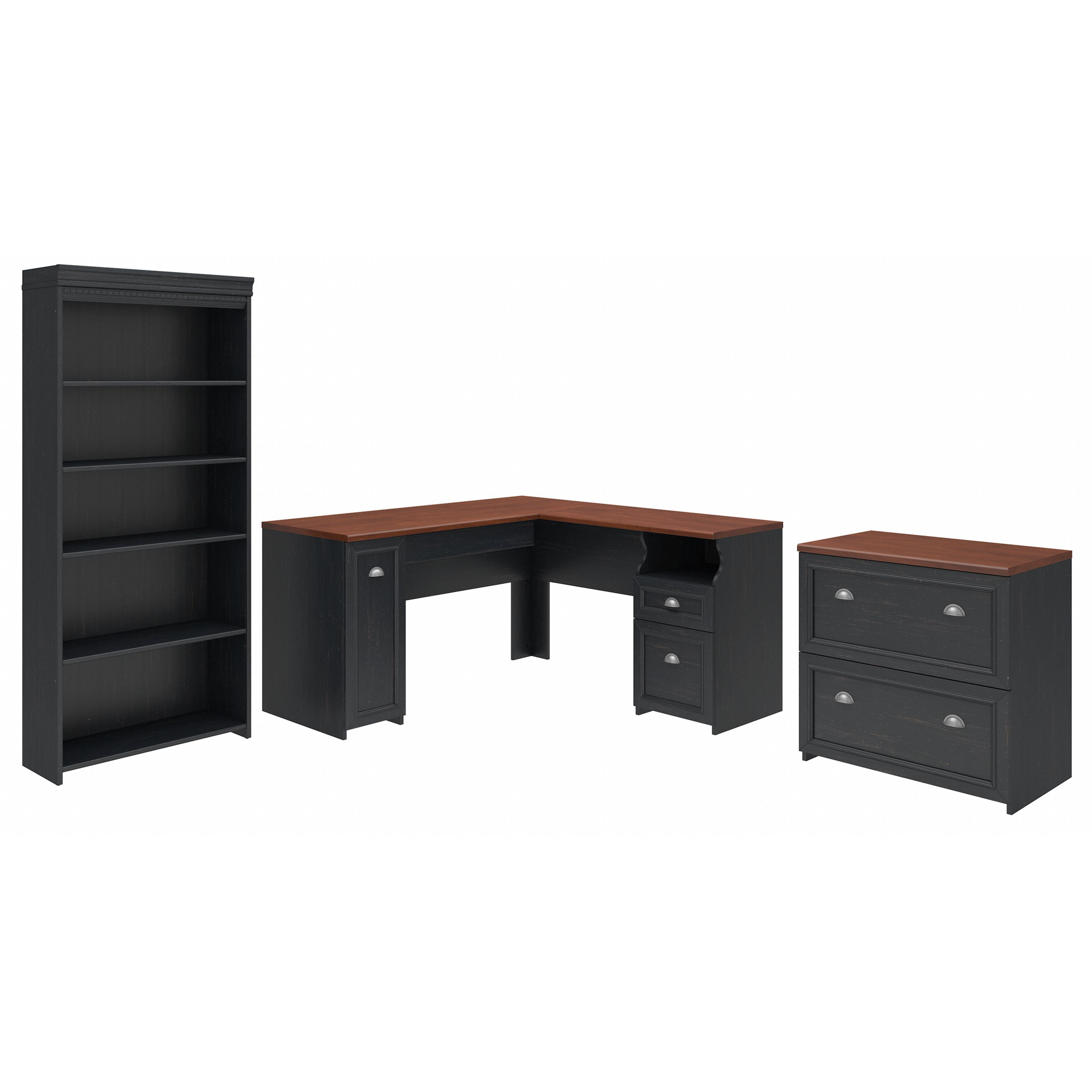 Shop Bush Furniture Fairview 60W L Shaped Desk with Lateral File Cabinet and 5 Shelf Bookcase 02 FV008AB #color_antique black