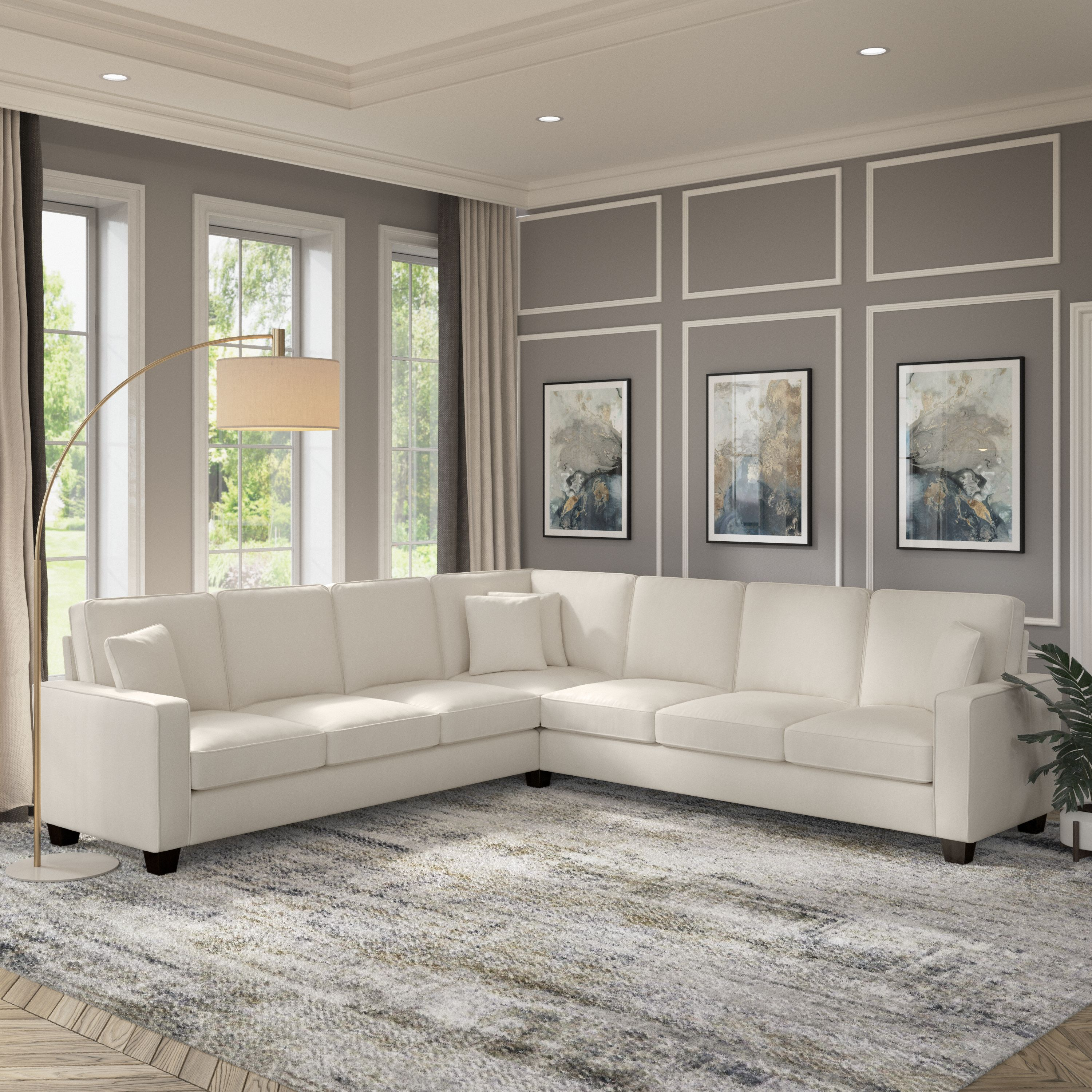 Shop Bush Furniture Stockton 111W L Shaped Sectional Couch 01 SNY110SCRH-03K #color_cream herringbone fabric