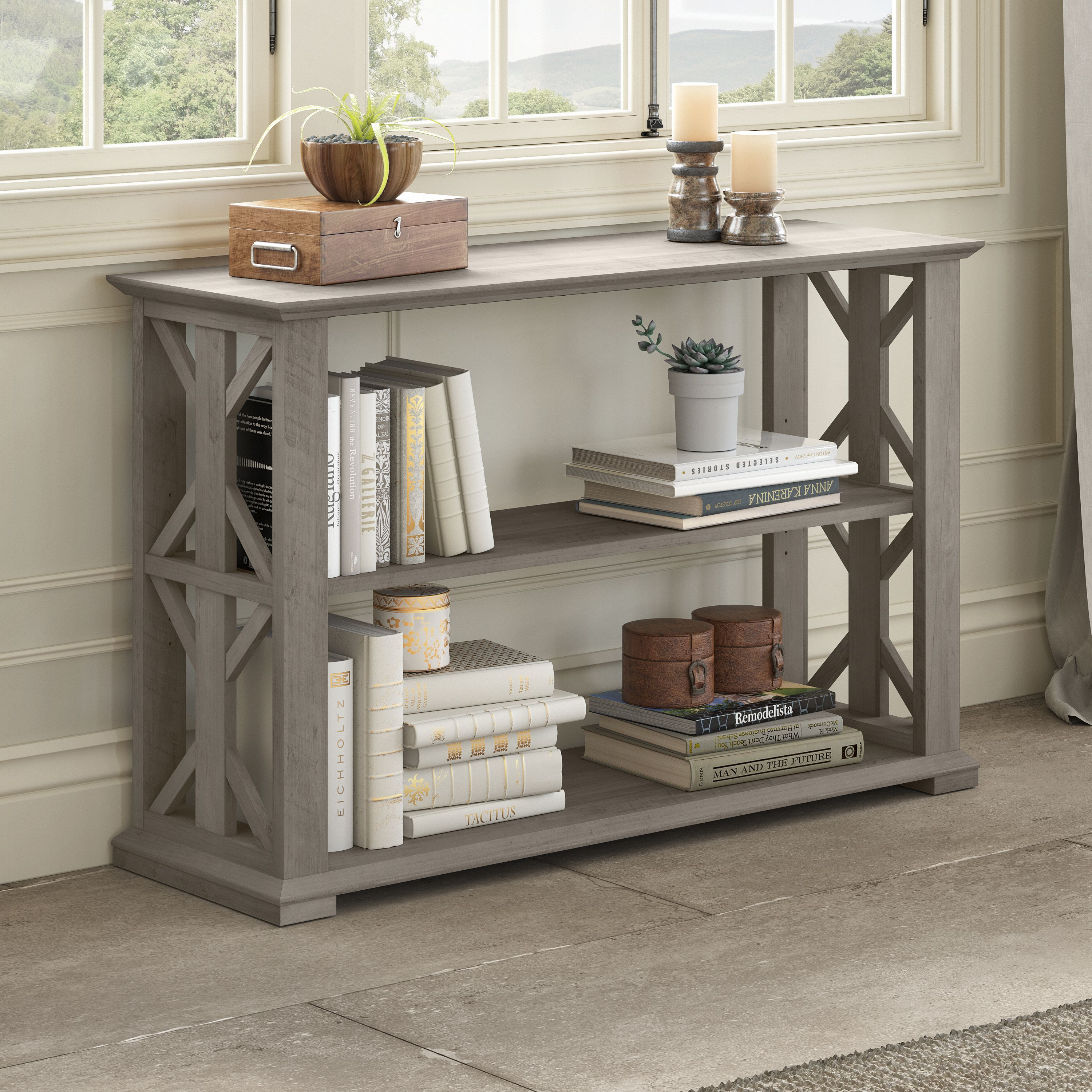 Shop Bush Furniture Homestead Console Table with Shelves 01 HOT248DG-03 #color_driftwood gray