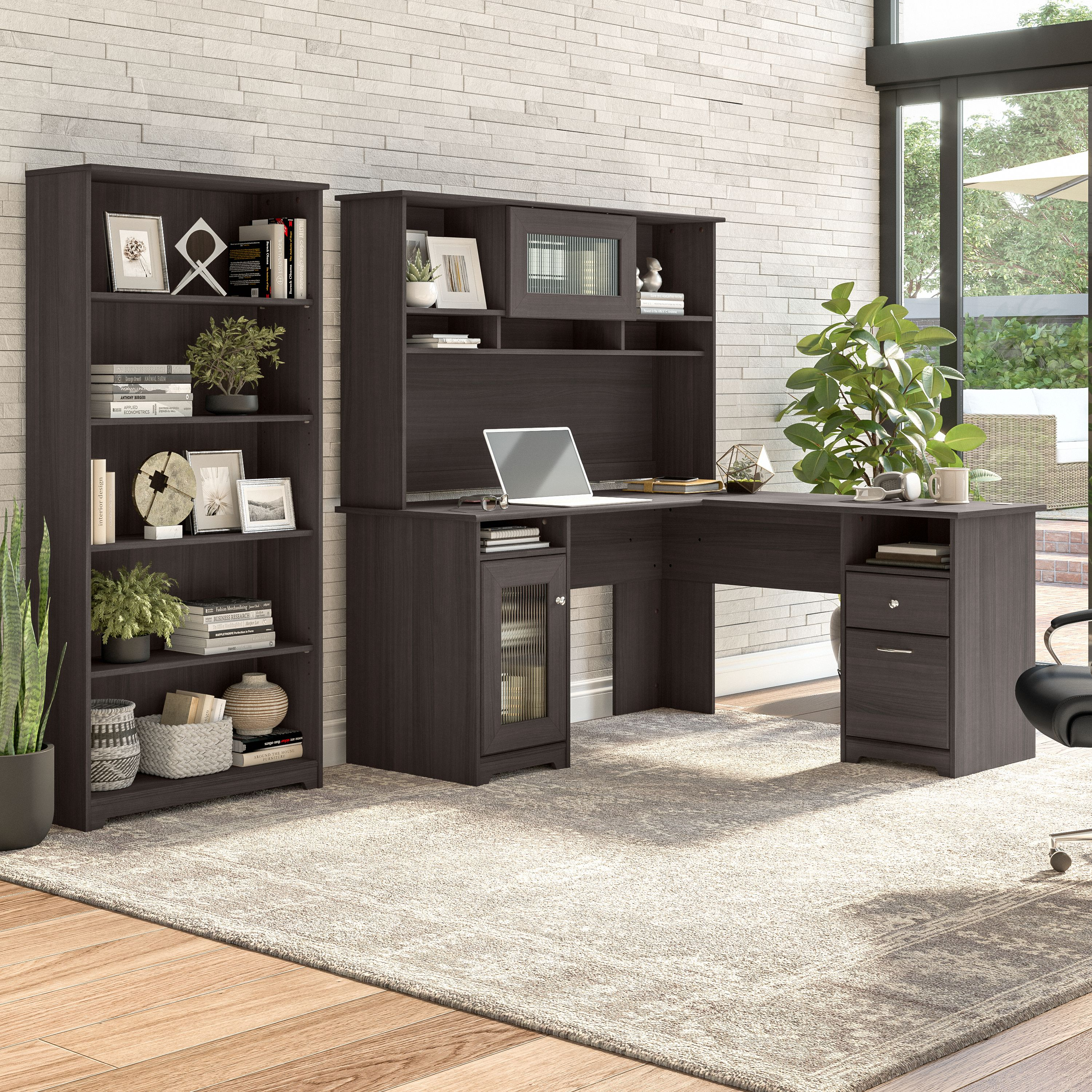 Shop Bush Furniture Cabot 60W L Shaped Computer Desk with Hutch and 5 Shelf Bookcase 01 CAB011HRG #color_heather gray