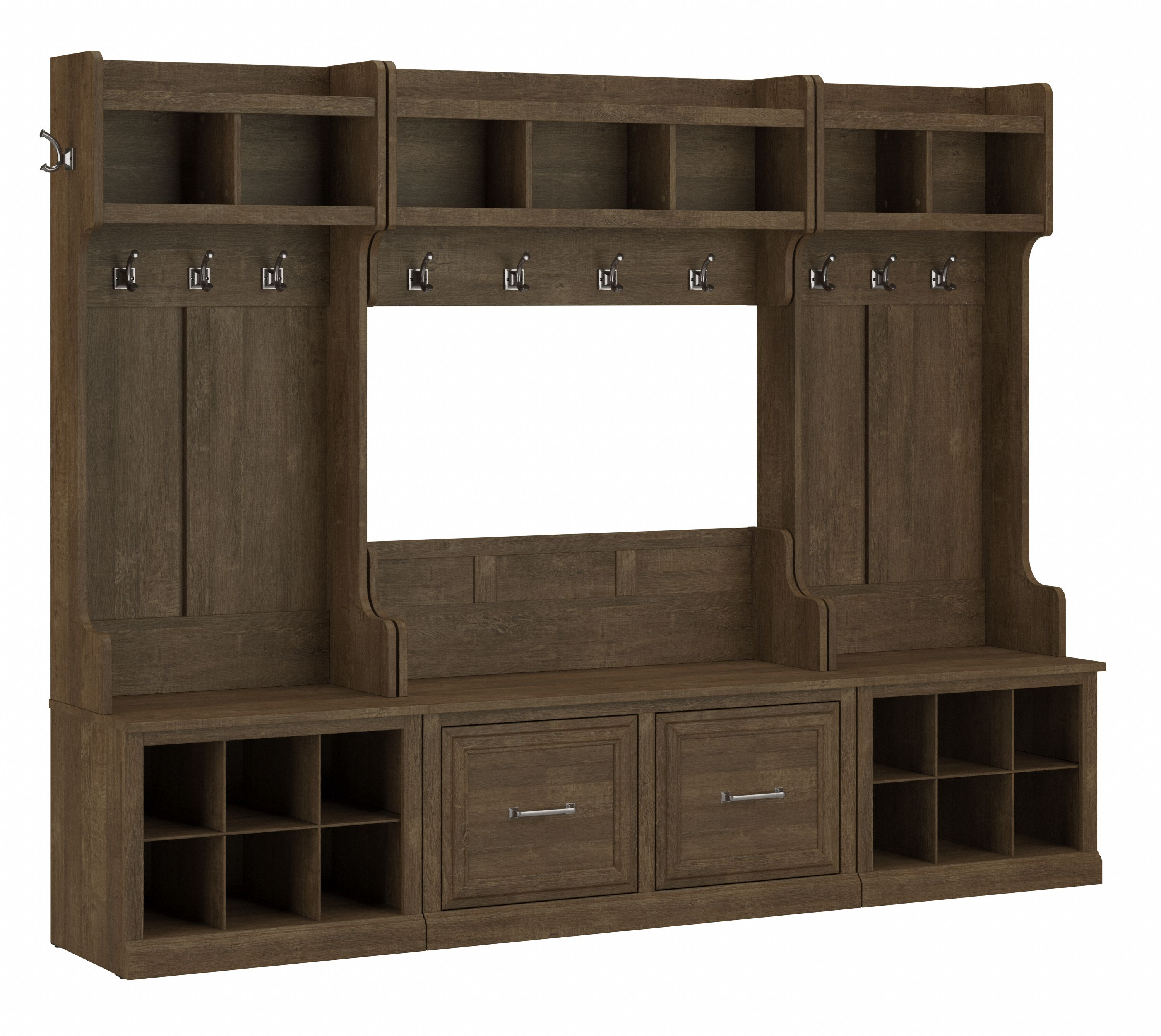 Shop Bush Furniture Woodland Full Entryway Storage Set with Coat Rack and Shoe Bench with Doors 02 WDL013ABR #color_ash brown