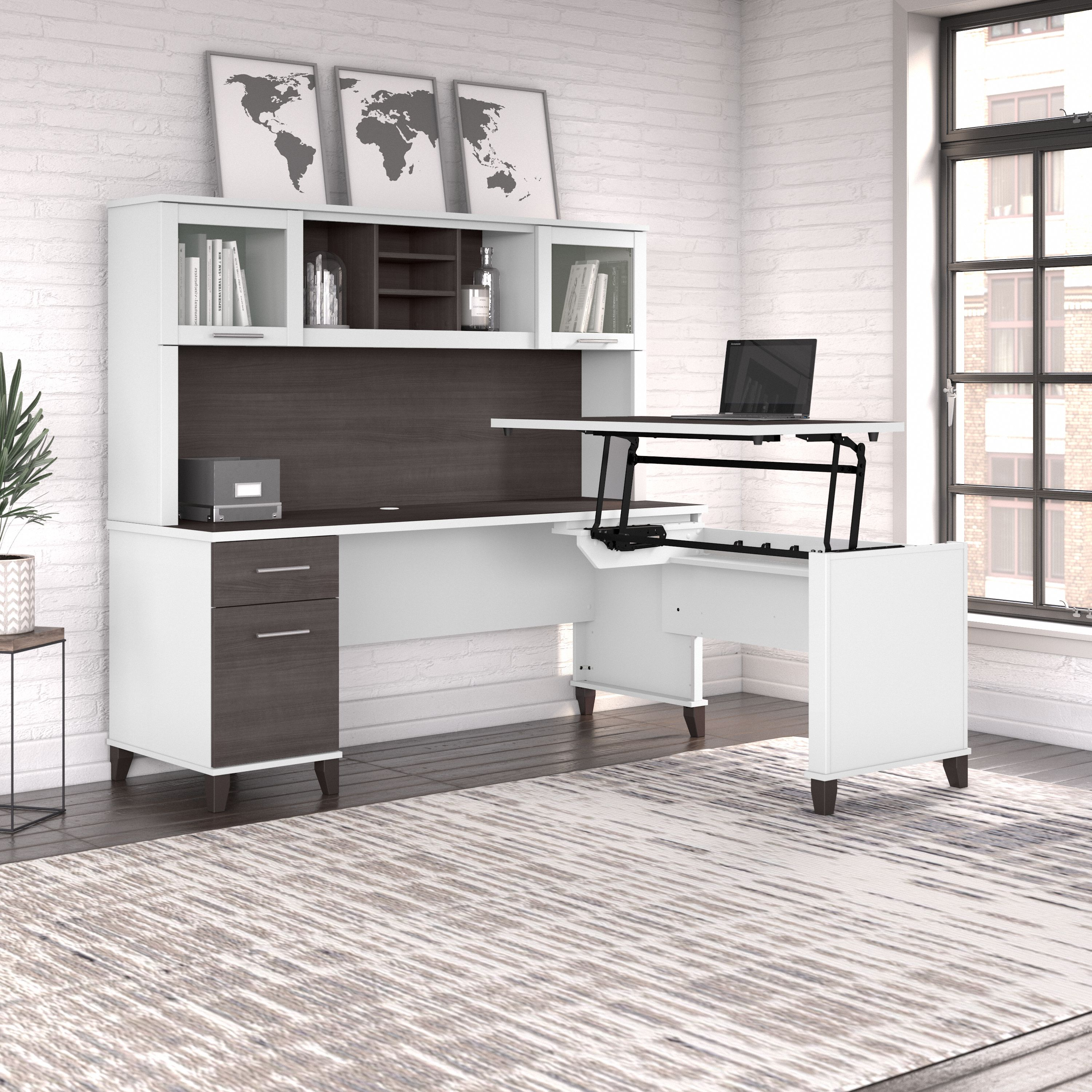Shop Bush Furniture Somerset 72W 3 Position Sit to Stand L Shaped Desk with Hutch 01 SET015SGWH #color_storm gray/white