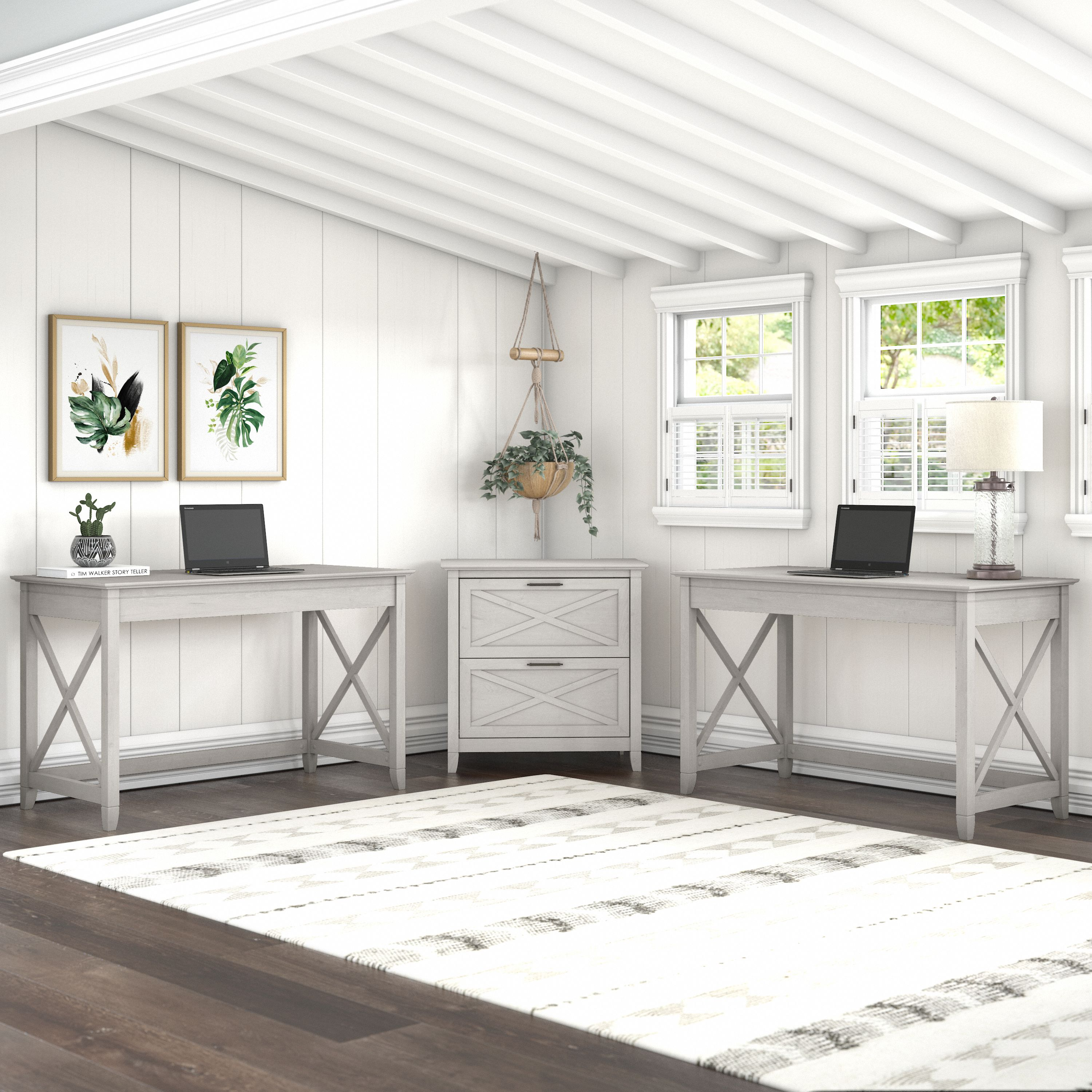 Shop Bush Furniture Key West 2 Person Desk Set with Lateral File Cabinet 01 KWS047LW #color_linen white oak