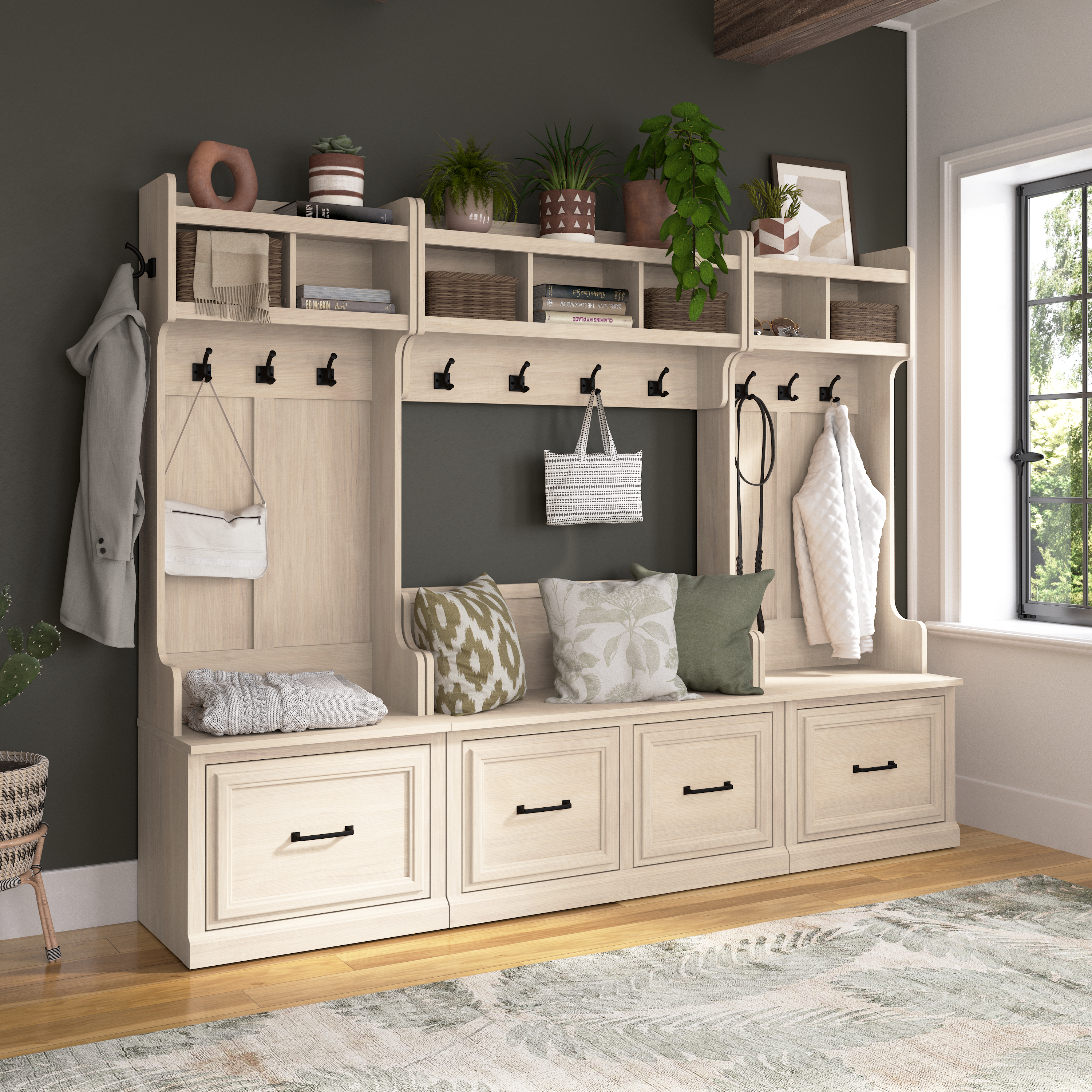 Shop Bush Furniture Woodland Entryway Storage Set with Hall Trees and Shoe Bench with Drawers 08 WDL012WM #color_white washed maple