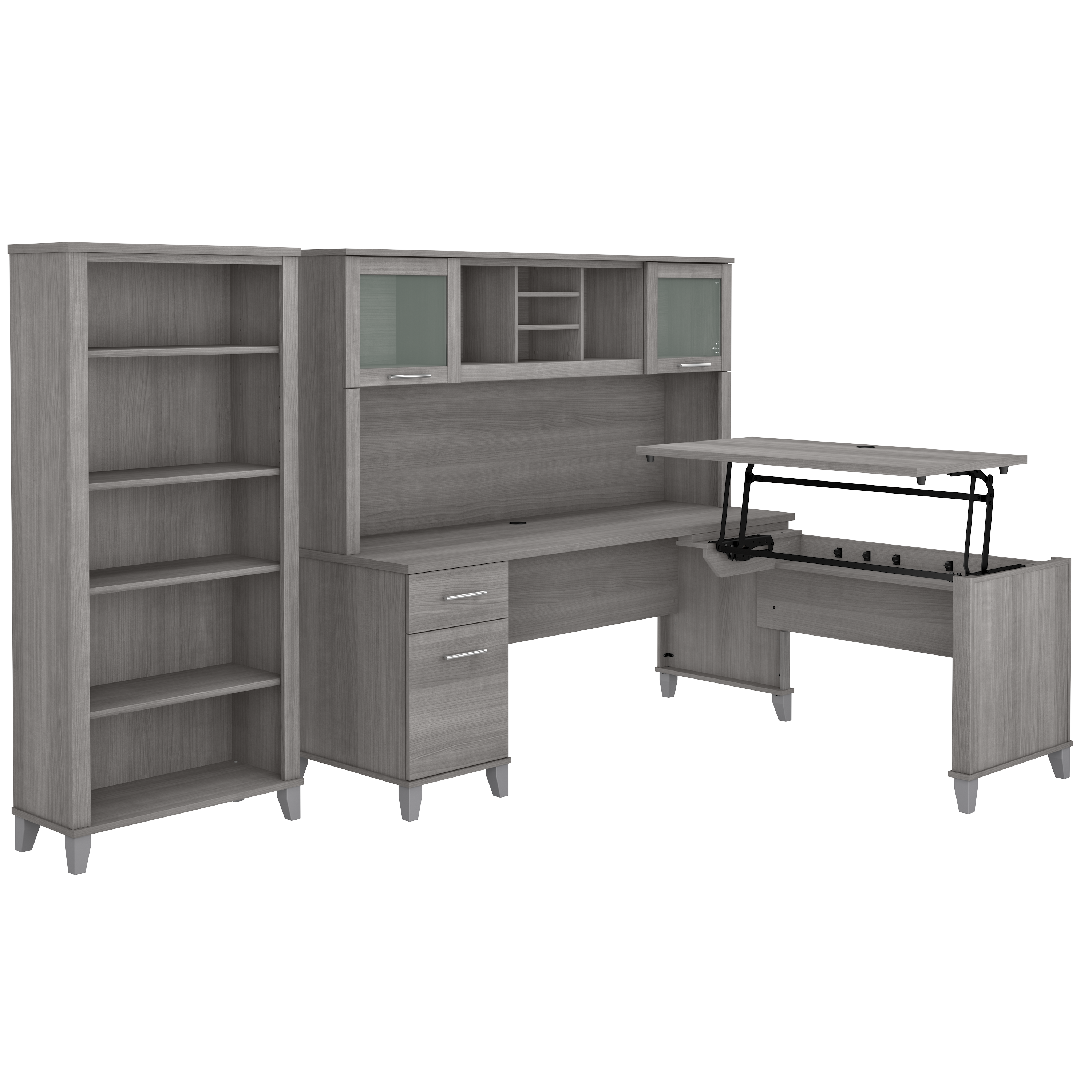 Shop Bush Furniture Somerset 72W 3 Position Sit to Stand L Shaped Desk with Hutch and Bookcase 02 SET017PG #color_platinum gray
