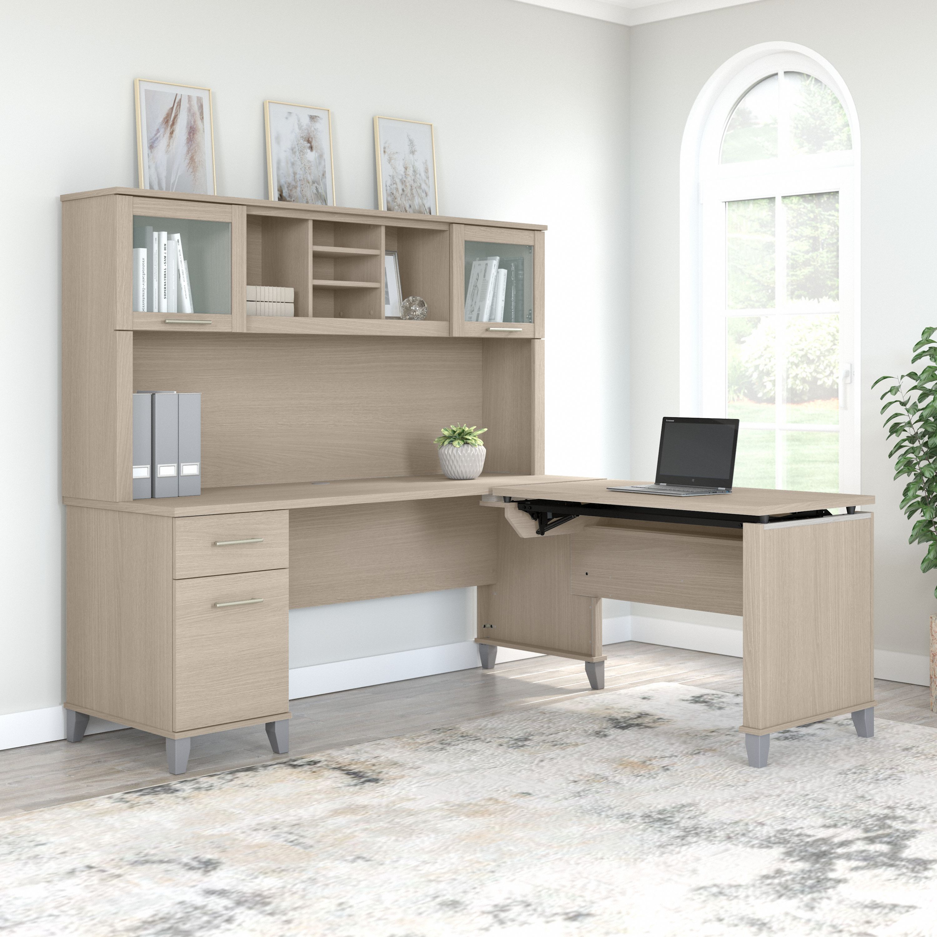 Shop Bush Furniture Somerset 72W 3 Position Sit to Stand L Shaped Desk with Hutch 06 SET015SO #color_sand oak