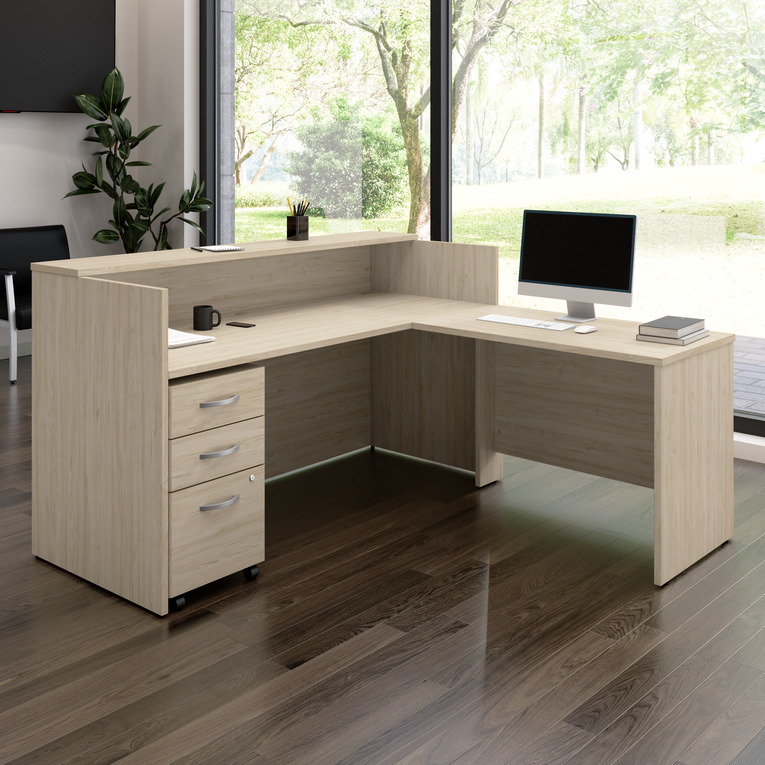Shop Bush Business Furniture Arrive 72W x 72D L Shaped Reception Desk with Shelf and Mobile File Cabinet 01 ARV007NE #color_natural elm