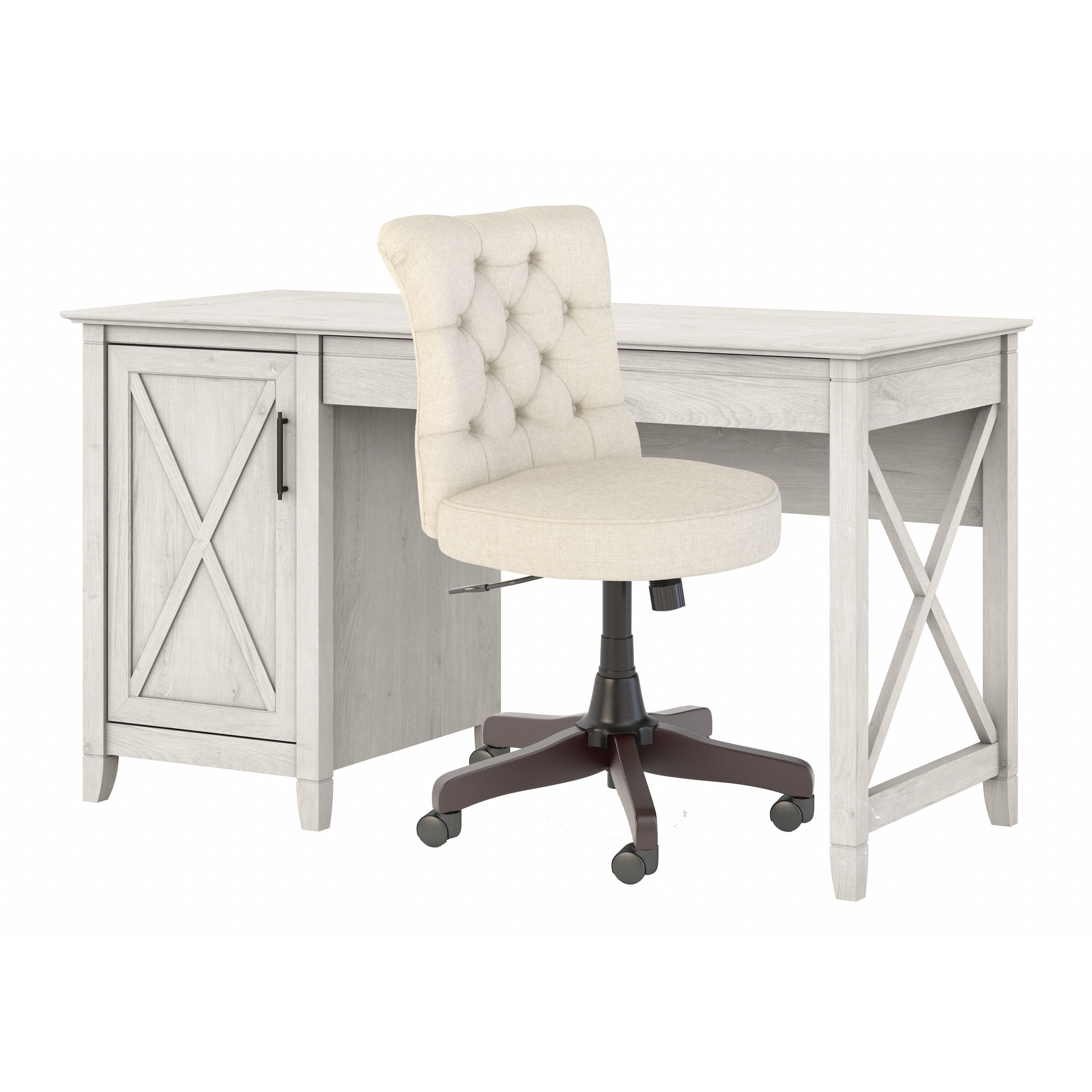 Shop Bush Furniture Key West 54W Computer Desk with Storage and Mid Back Tufted Office Chair 02 KWS020LW #color_linen white oak