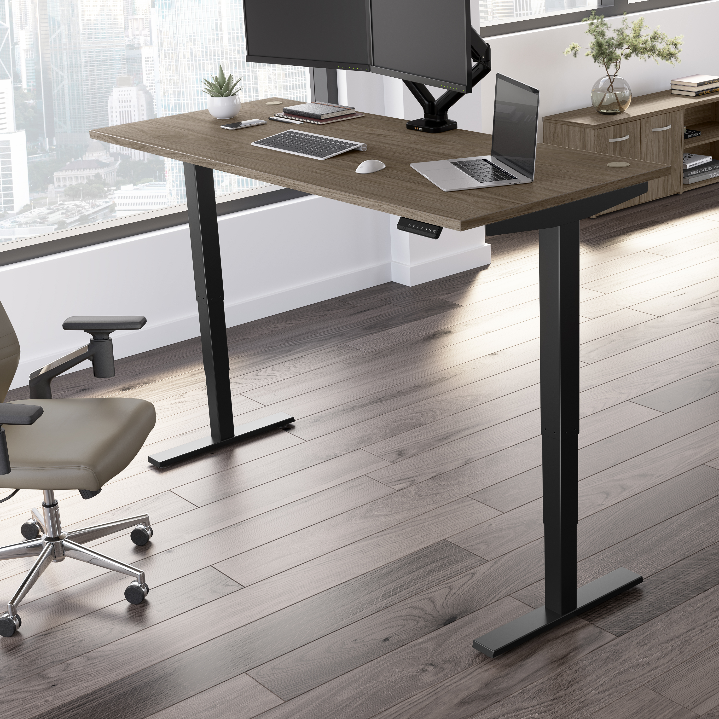 Shop Move 40 Series by Bush Business Furniture 72W x 30D Electric Height Adjustable Standing Desk 01 M4S7230MHBK #color_modern hickory/black powder coat