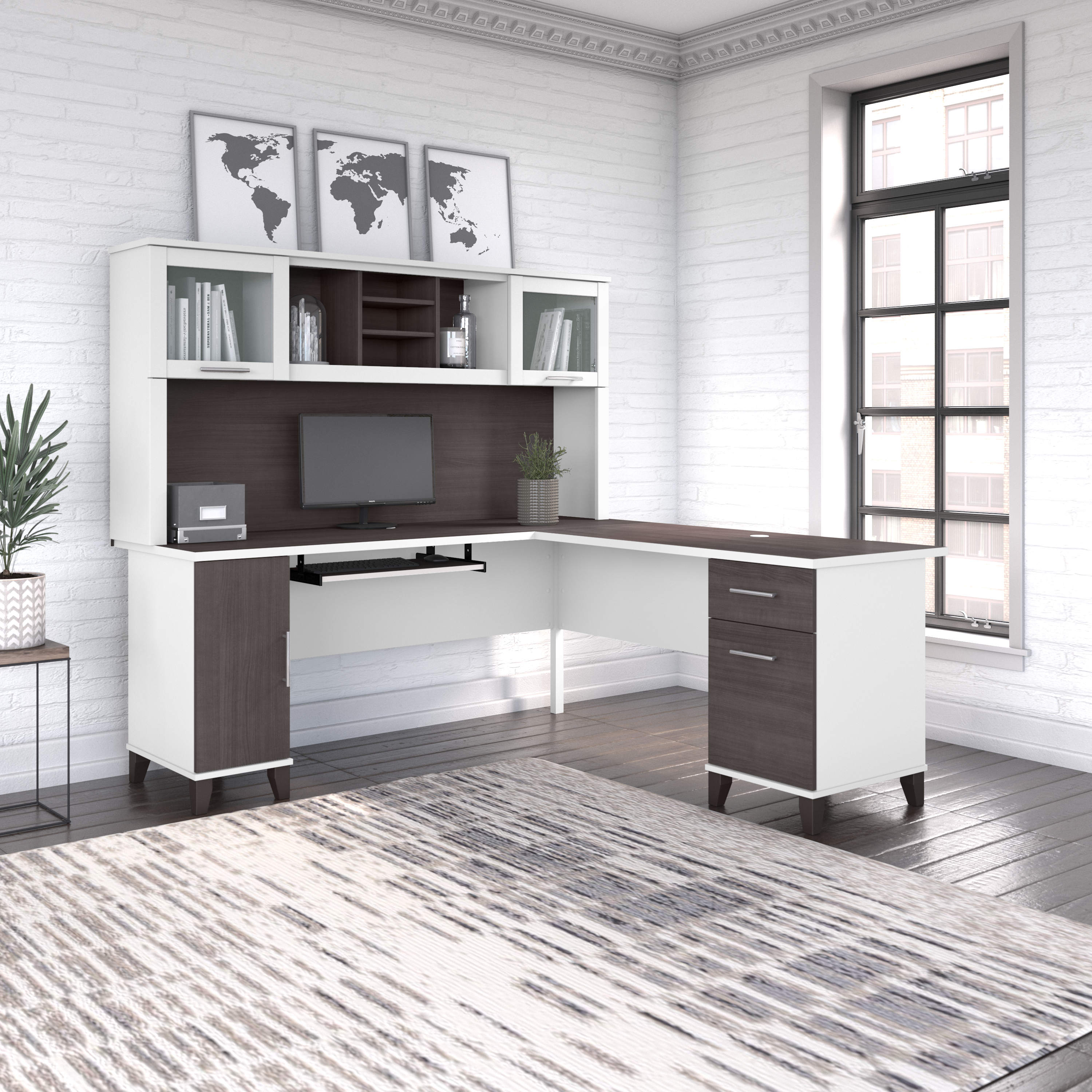 Shop Bush Furniture Somerset 72W L Shaped Desk with Hutch 01 SET001SGWH #color_storm gray/white