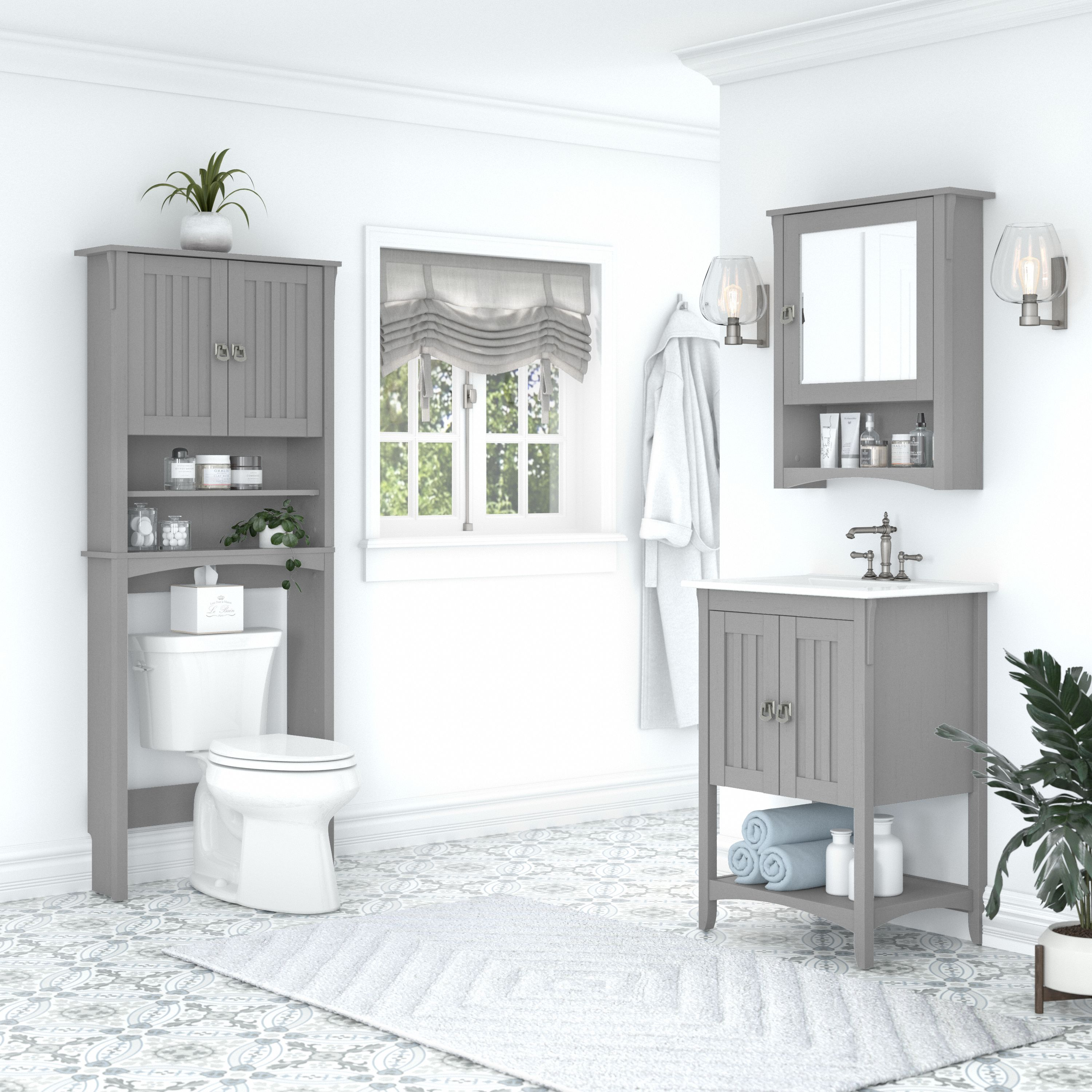 Shop Bush Furniture Salinas 24W Bathroom Vanity Sink with Mirror and Over The Toilet Storage Cabinet 01 SAL022CG #color_cape cod gray