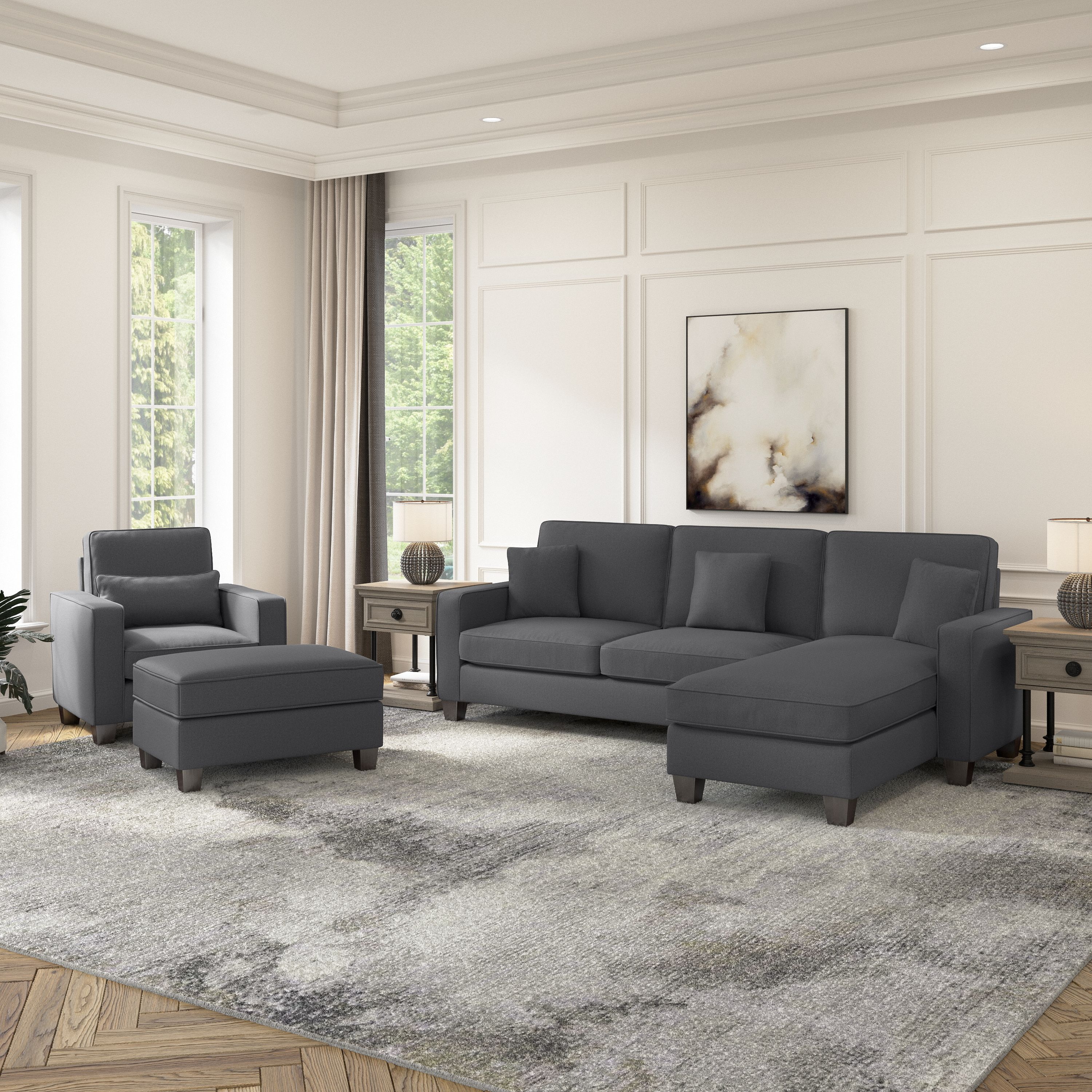 Shop Bush Furniture Stockton 102W Sectional Couch with Reversible Chaise Lounge, Accent Chair, and Ottoman 01 SKT021CGH #color_charcoal gray herringbone fabr