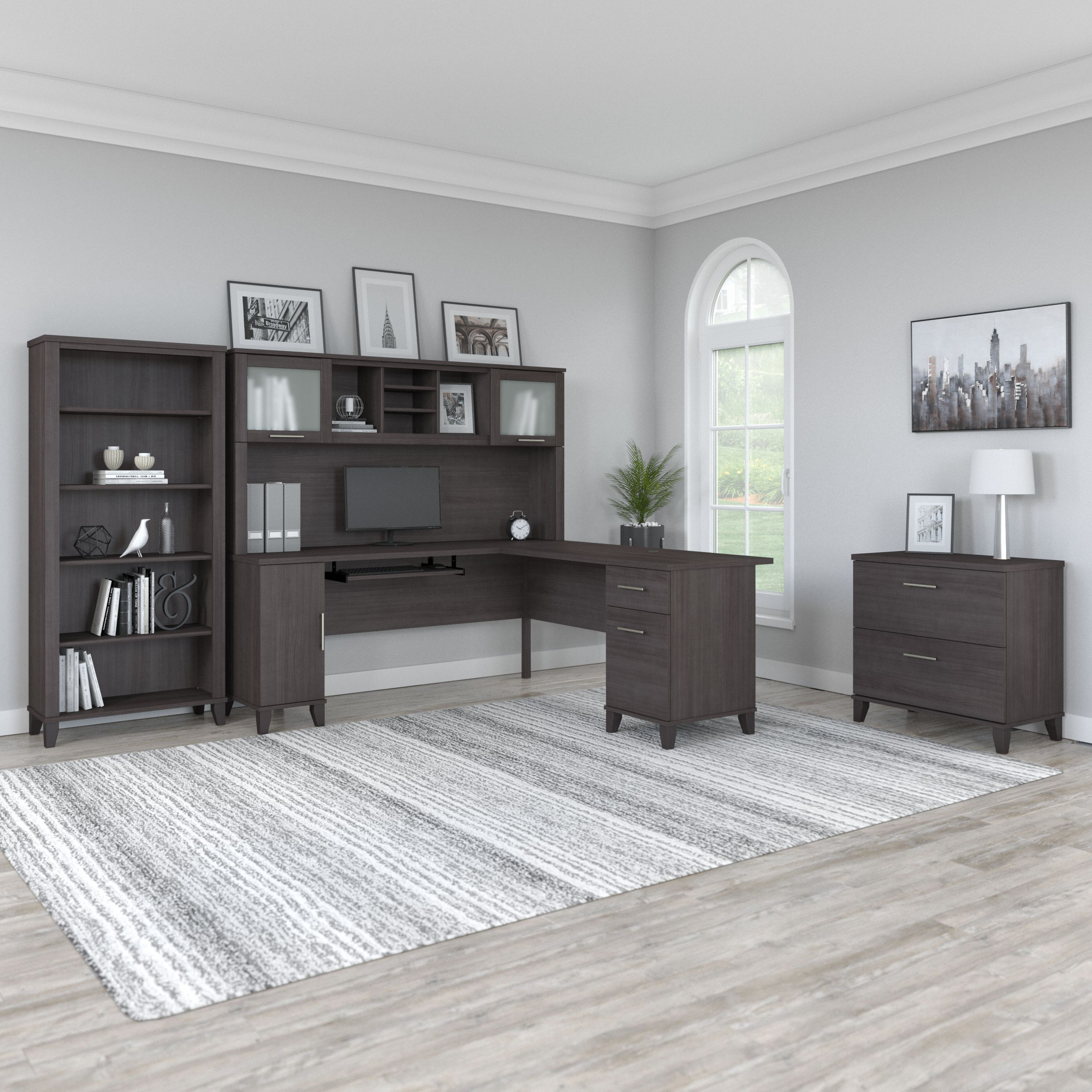 Shop Bush Furniture Somerset 72W L Shaped Desk with Hutch, Lateral File Cabinet and Bookcase 01 SET012SG #color_storm gray