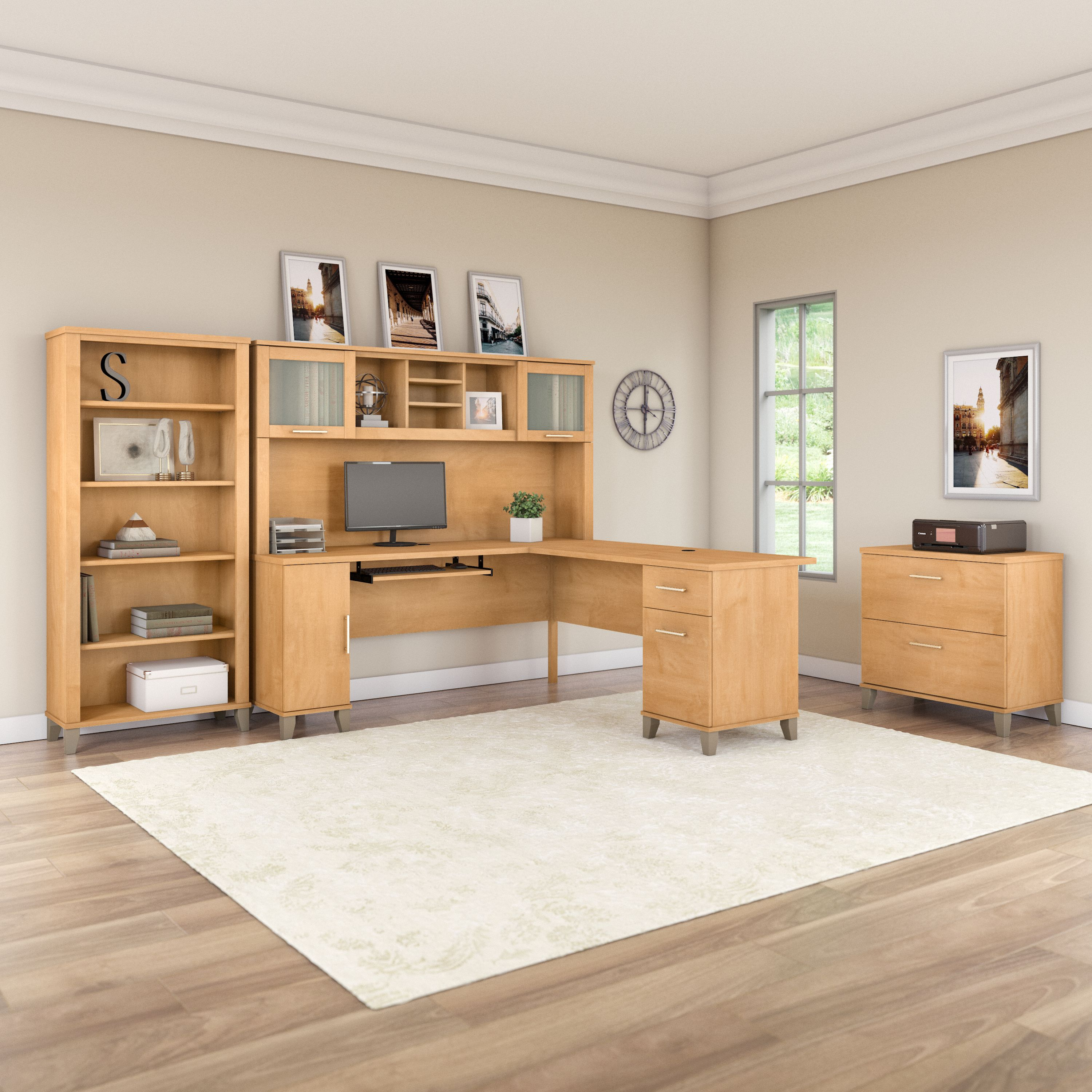 Shop Bush Furniture Somerset 72W L Shaped Desk with Hutch, Lateral File Cabinet and Bookcase 01 SET012MC #color_maple cross
