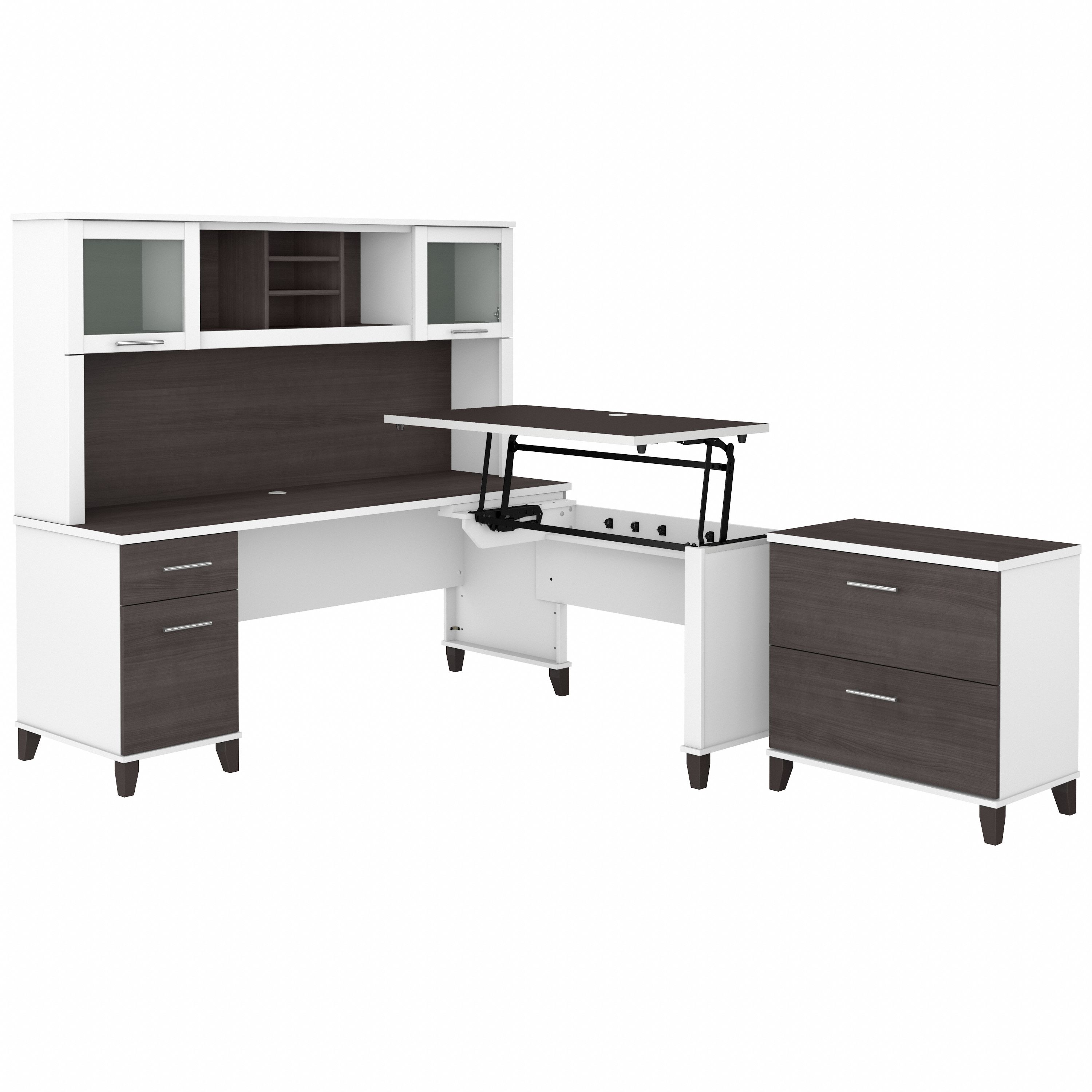 Shop Bush Furniture Somerset 72W 3 Position Sit to Stand L Shaped Desk with Hutch and File Cabinet 02 SET016SGWH #color_storm gray/white