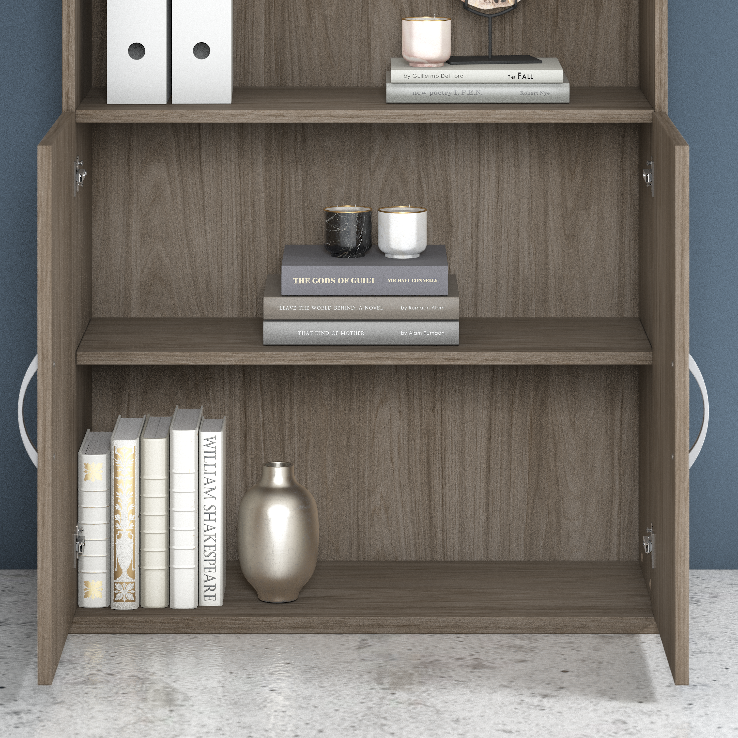 Shop Bush Business Furniture Hybrid Tall 5 Shelf Bookcase with Doors 03 HYB024MH #color_modern hickory