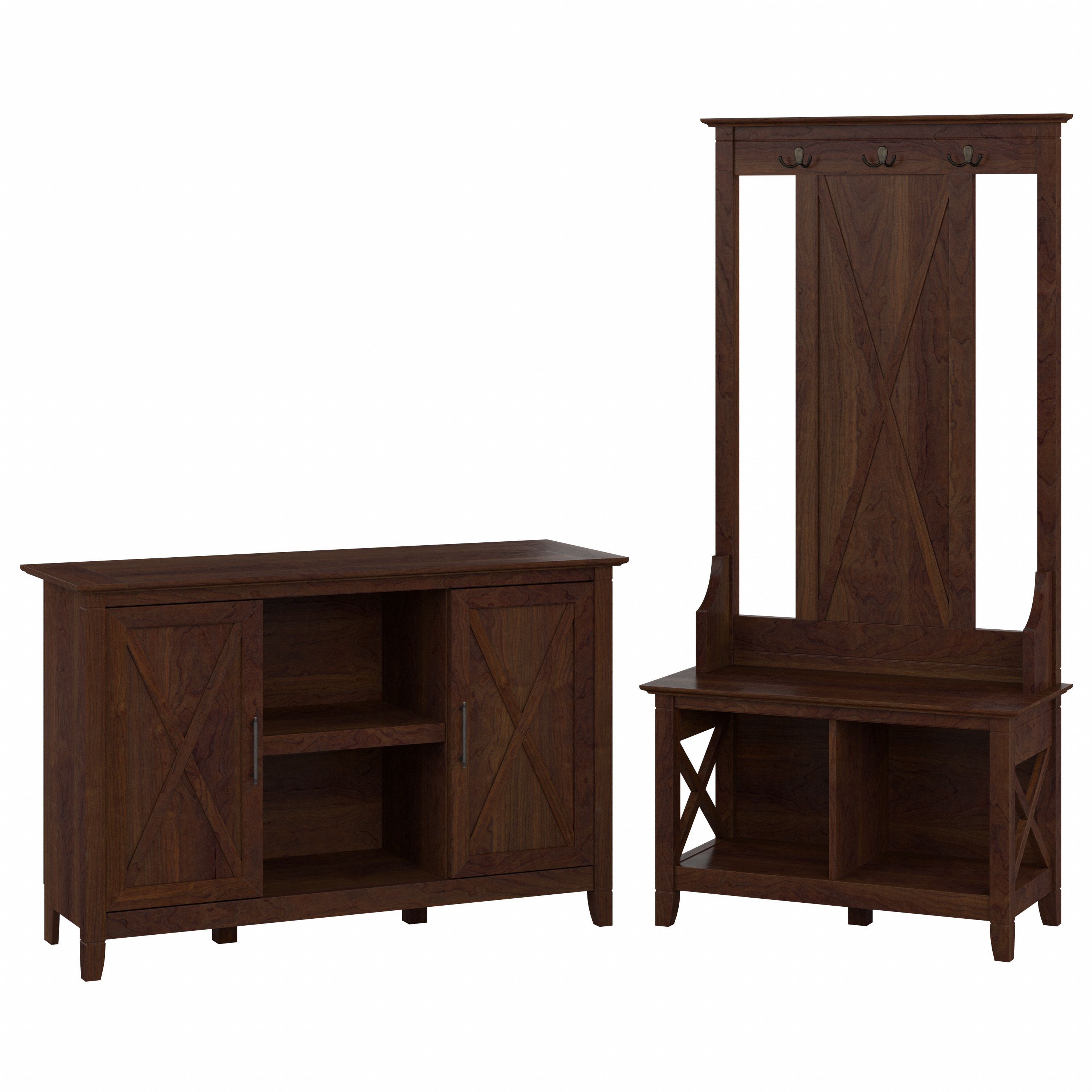 Shop Bush Furniture Key West Entryway Storage Set with Hall Tree, Shoe Bench and 2 Door Cabinet 02 KWS054BC #color_bing cherry