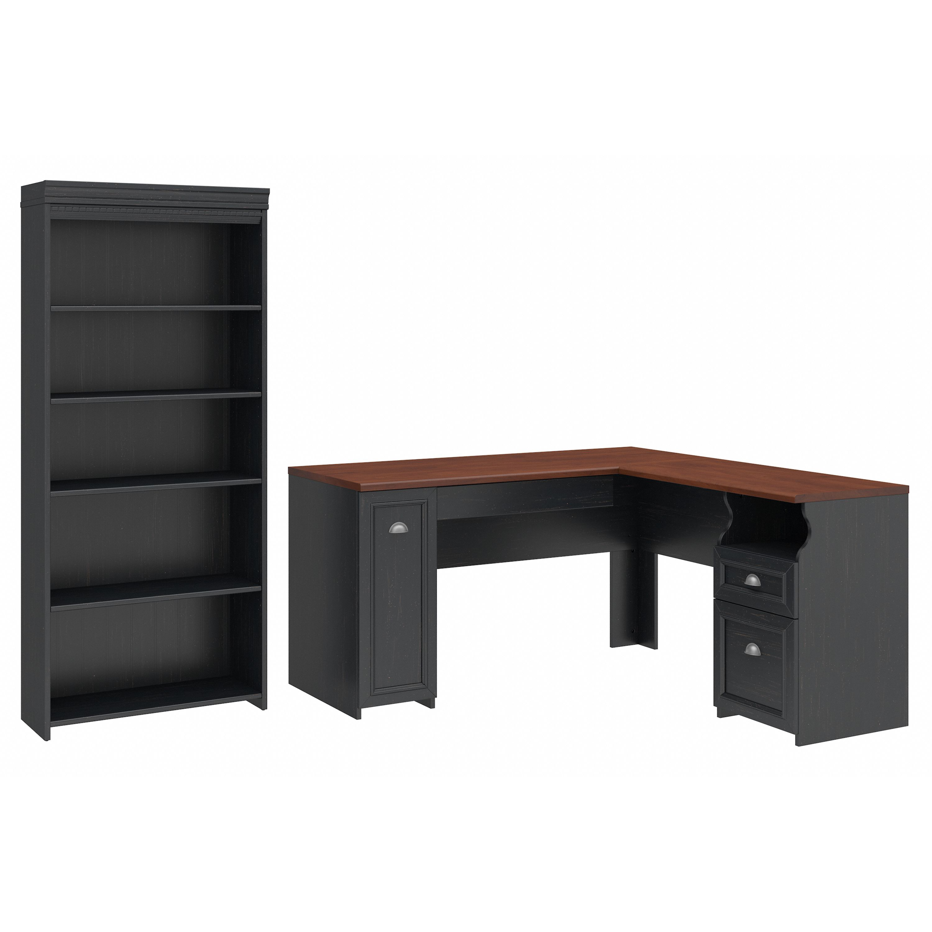 Shop Bush Furniture Fairview 60W L Shaped Desk with 5 Shelf Bookcase 02 FV007AB #color_antique black