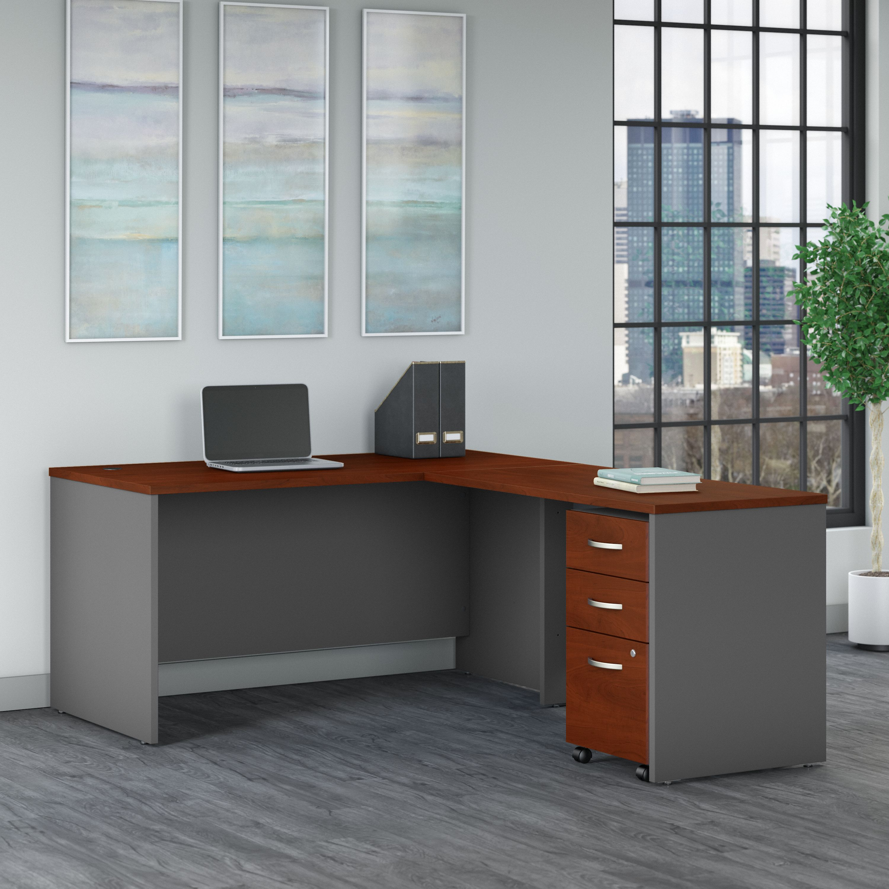 Shop Bush Business Furniture Series C 60W L Shaped Desk with 3 Drawer Mobile File Cabinet 01 SRC146HCSU #color_hansen cherry/graphite gray