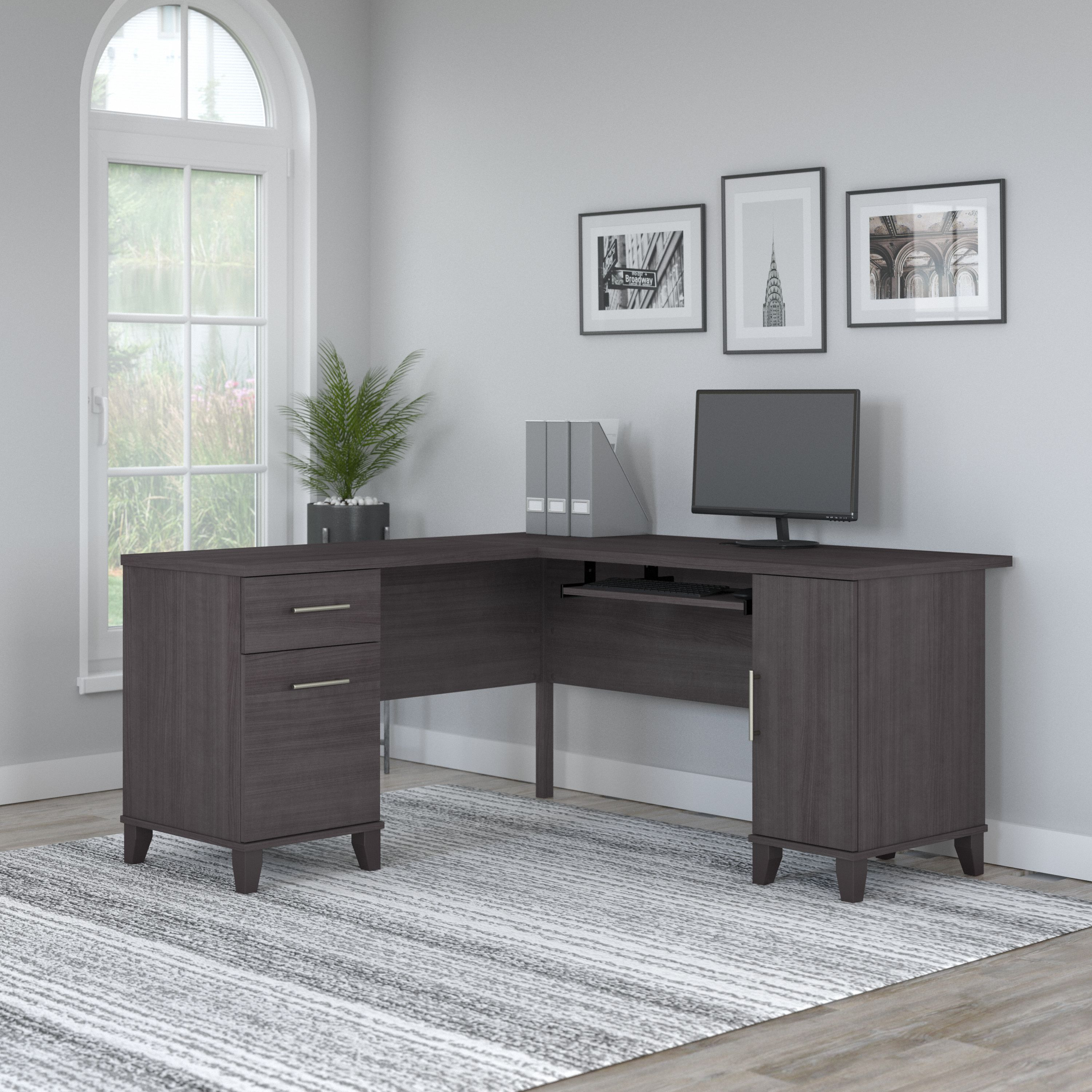 Shop Bush Furniture Somerset 60W L Shaped Desk with Storage 01 WC81530K #color_storm gray