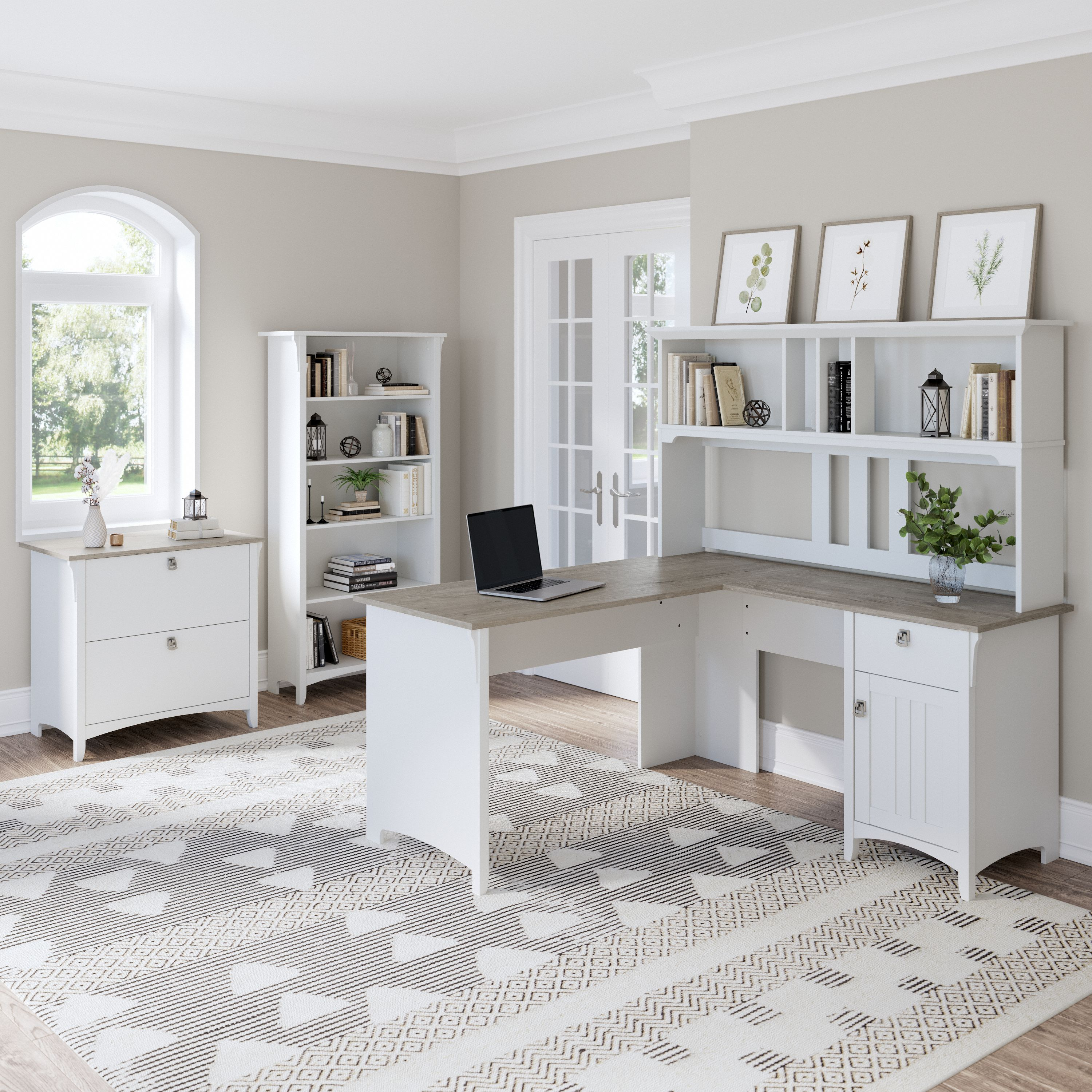 Shop Bush Furniture Salinas 60W L Shaped Desk with Hutch, Lateral File Cabinet and 5 Shelf Bookcase 01 SAL007G2W #color_shiplap gray/pure white