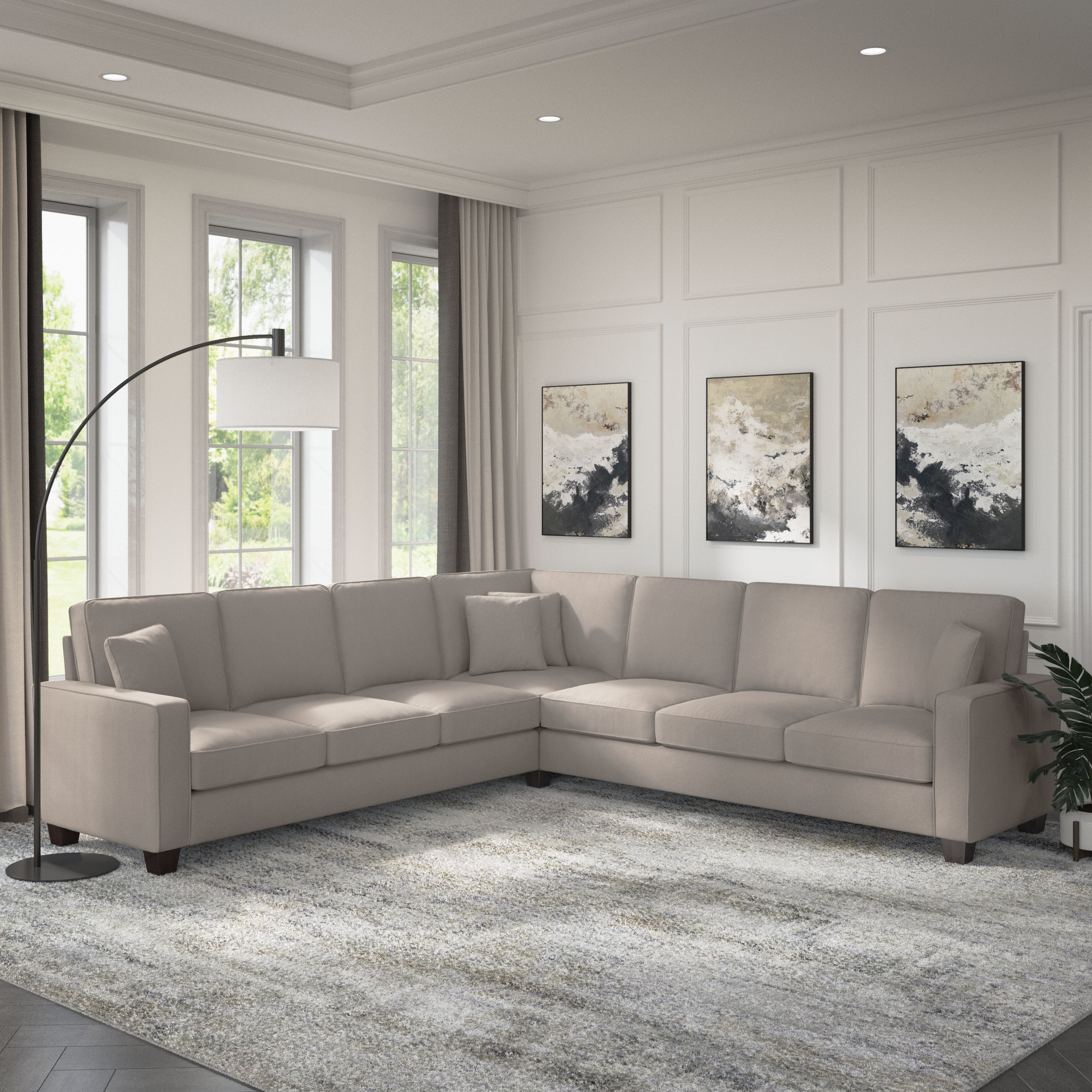 Shop Bush Furniture Stockton 111W L Shaped Sectional Couch 01 SNY110SBGH-03K #color_beige herringbone fabric