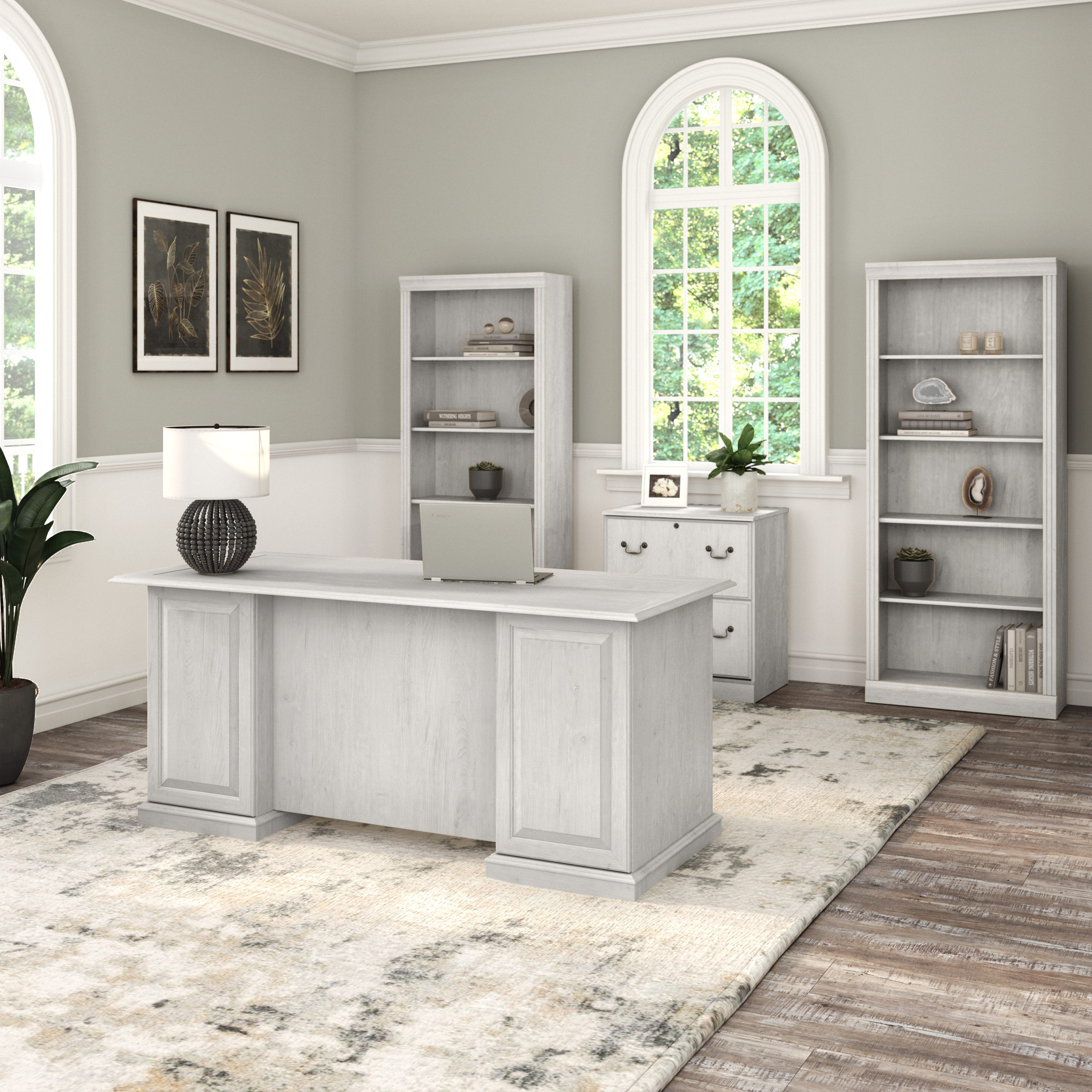 Shop Bush Furniture Saratoga Executive Desk with Drawers 08 EX45766-03K #color_linen white oak