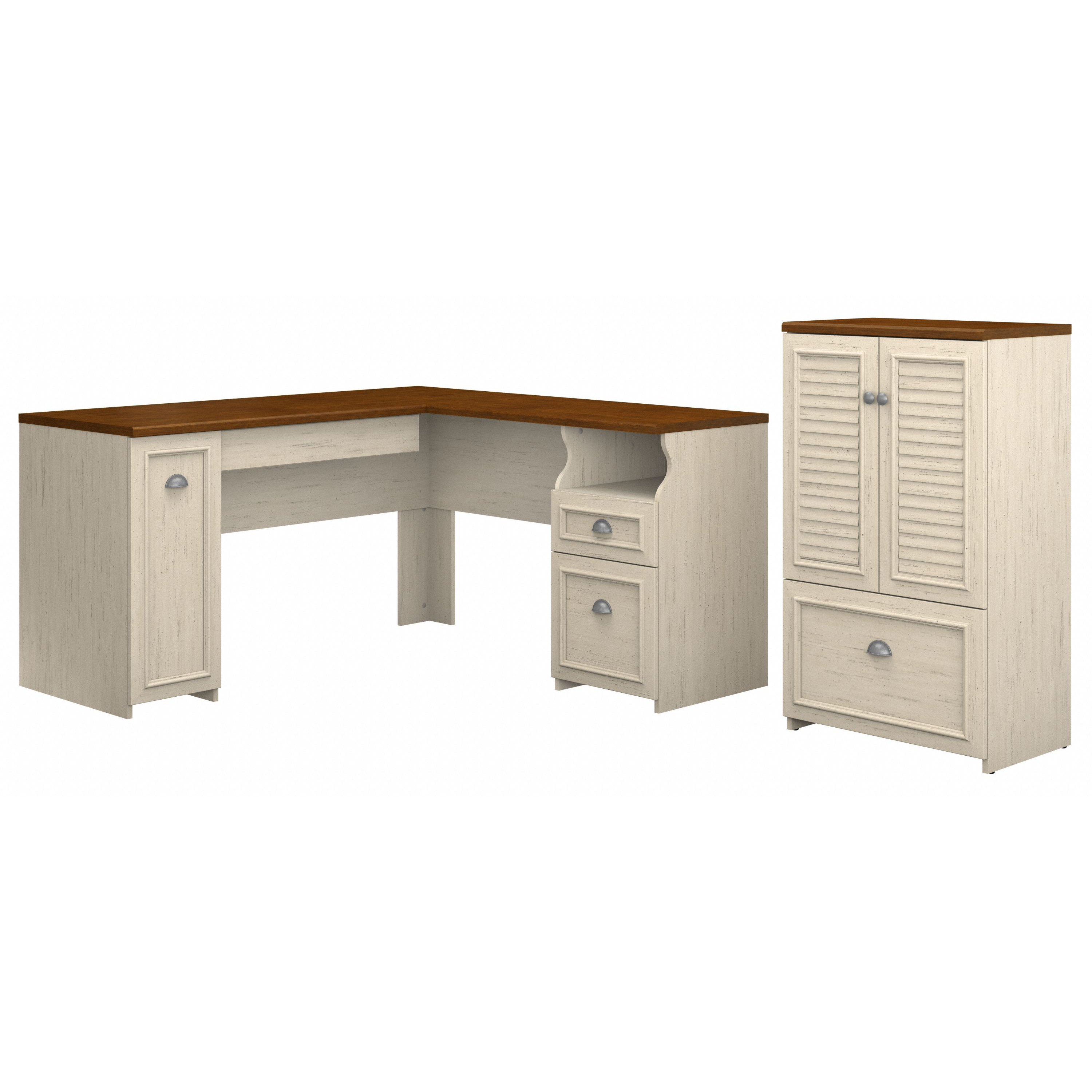 Shop Bush Furniture Fairview 60W L Shaped Desk and 2 Door Storage Cabinet with File Drawer 02 FV009AW #color_antique white/tea maple