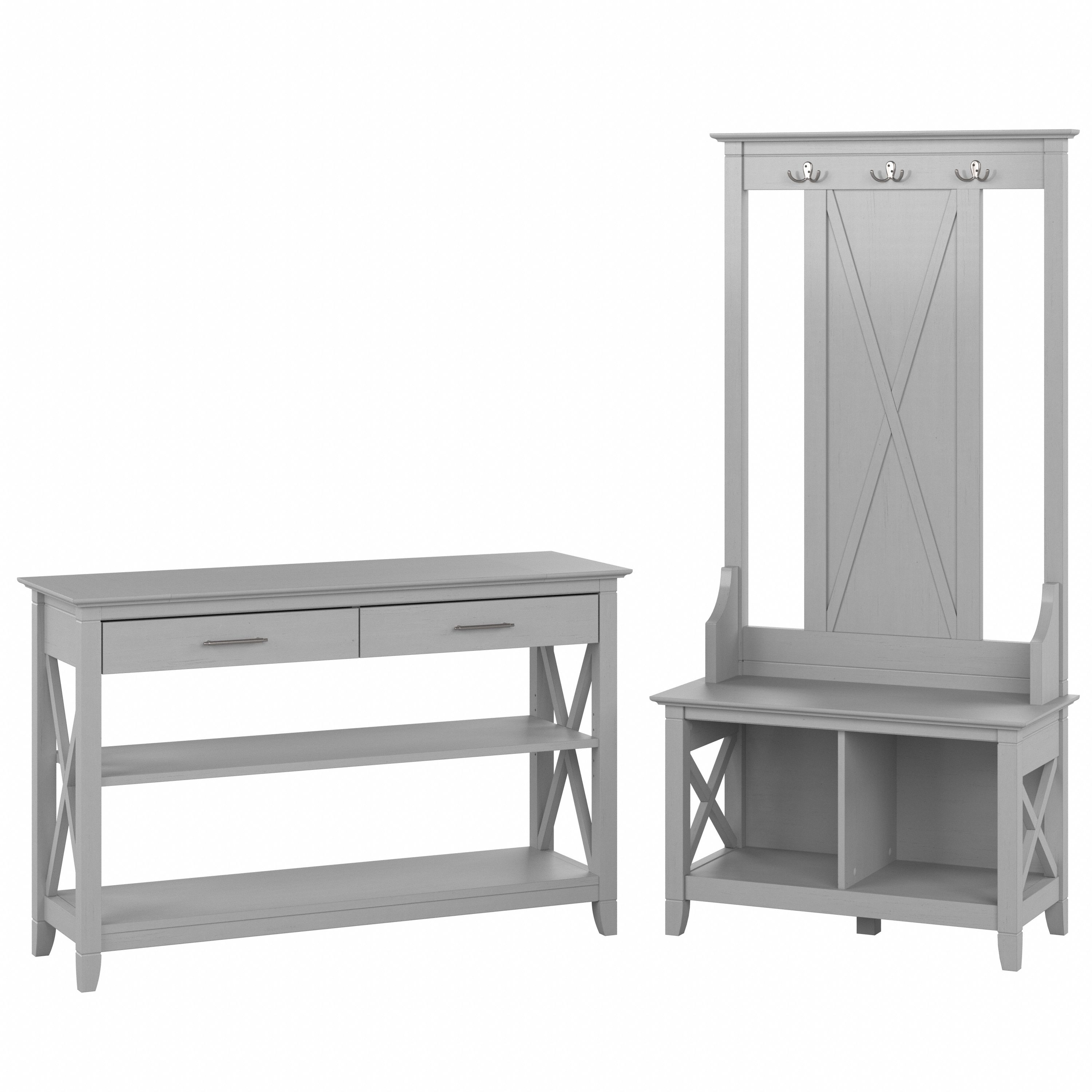 Shop Bush Furniture Key West Entryway Storage Set with Hall Tree, Shoe Bench and Console Table 02 KWS056CG #color_cape cod gray