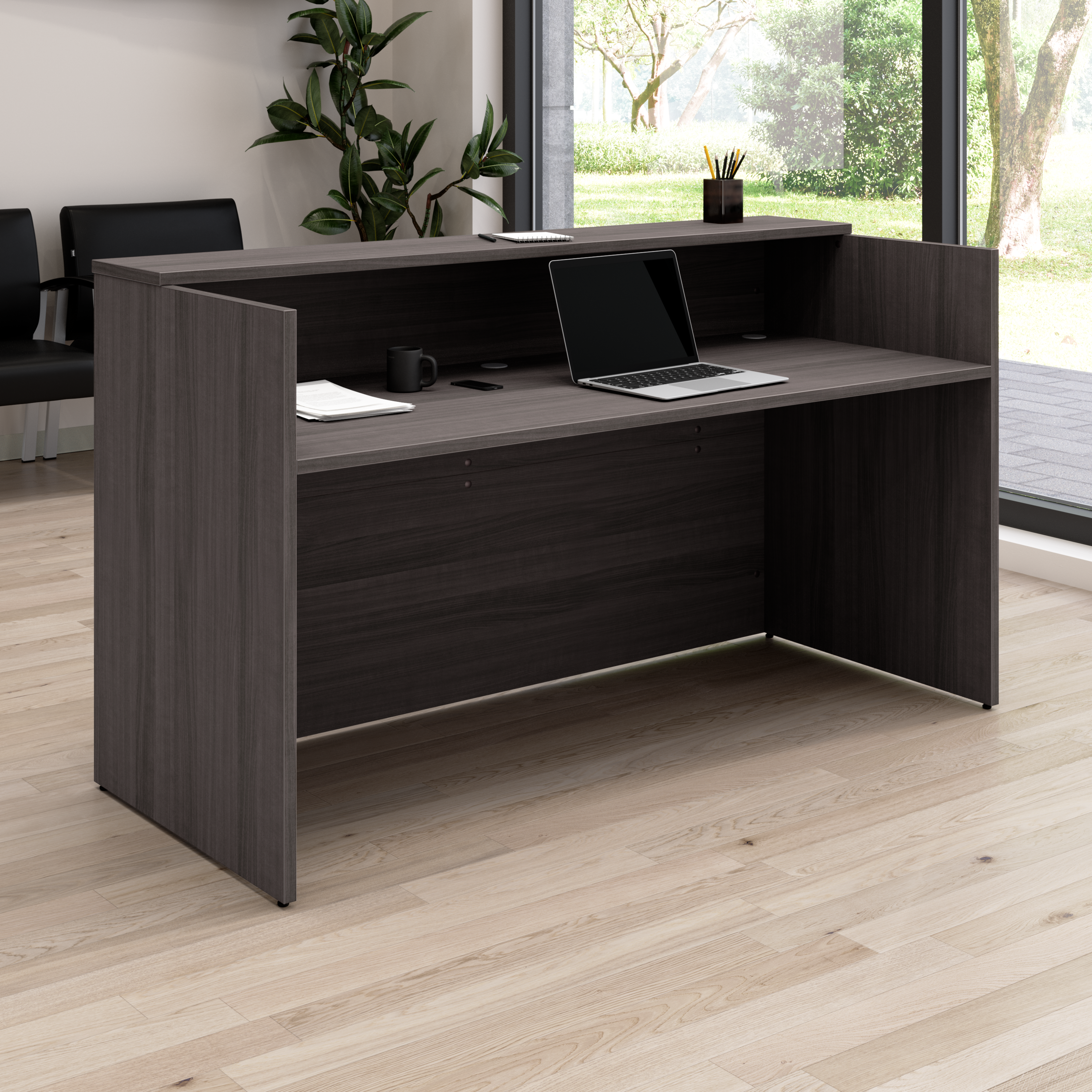 Shop Bush Business Furniture Arrive 72W x 30D Reception Desk with Shelf 01 AVD172SGK #color_storm gray