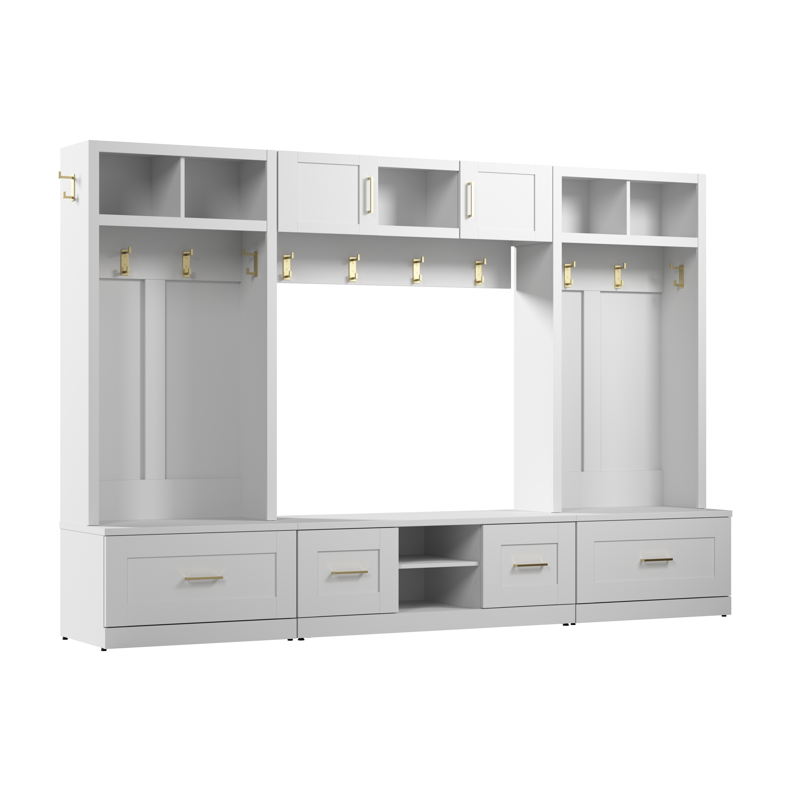 Shop Bush Furniture Hampton Heights Full Entryway Storage Set with Coat Rack, Hall Trees, and Shoe Benches with Doors and Drawers 02 HHS008WH #color_white
