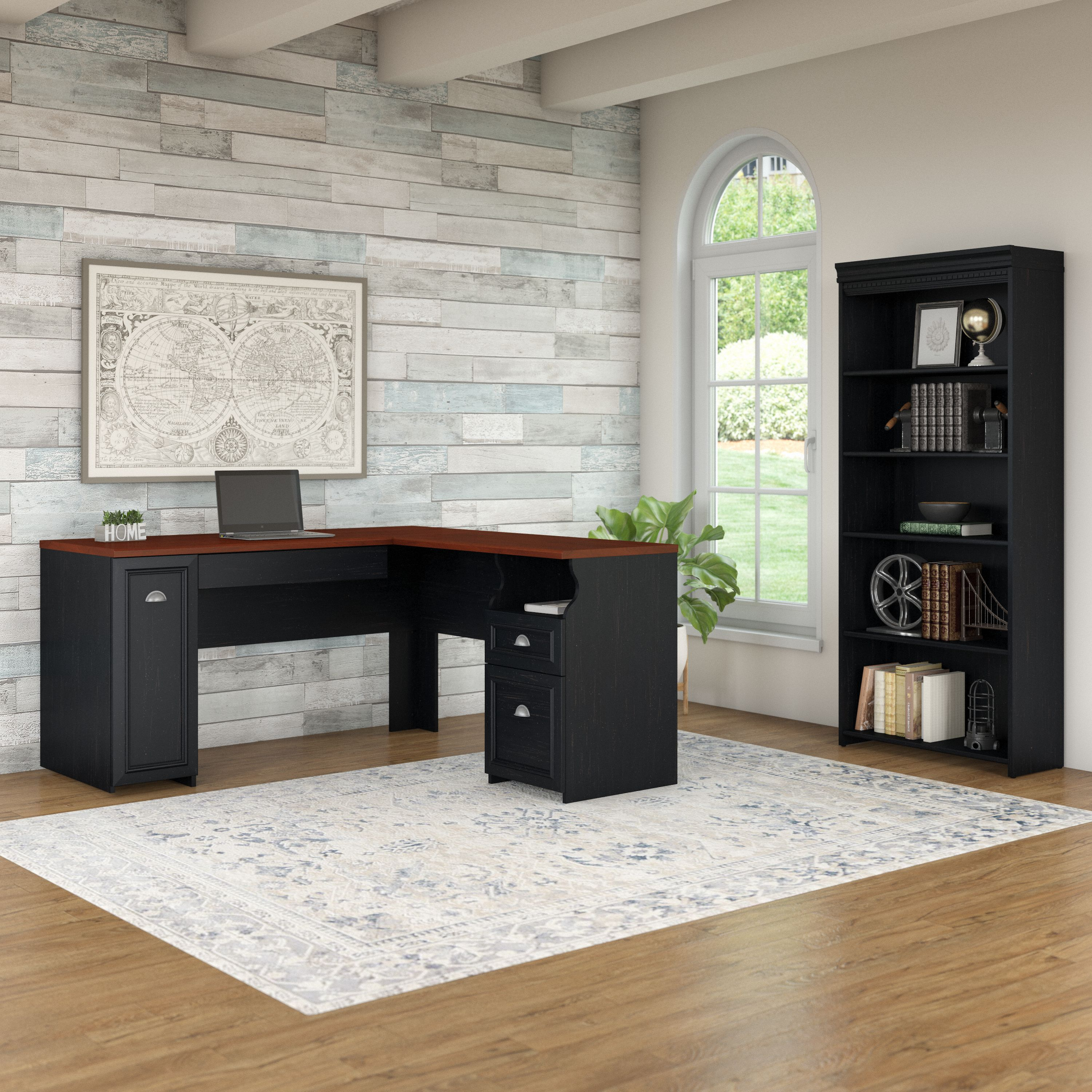 Shop Bush Furniture Fairview 60W L Shaped Desk with 5 Shelf Bookcase 01 FV007AB #color_antique black
