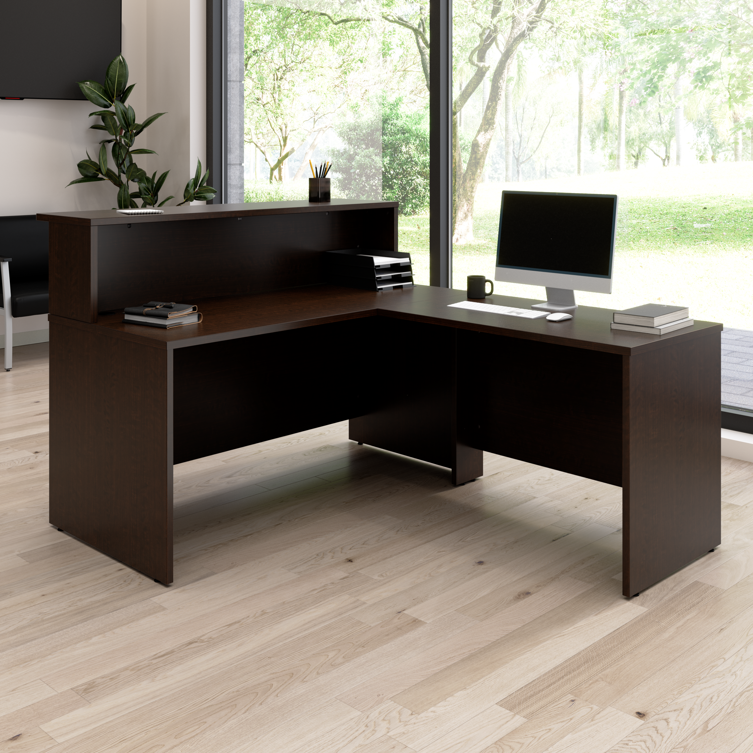Shop Bush Business Furniture Arrive 60W x 72D L Shaped Reception Desk with Shelf 01 ARV003MR #color_mocha cherry