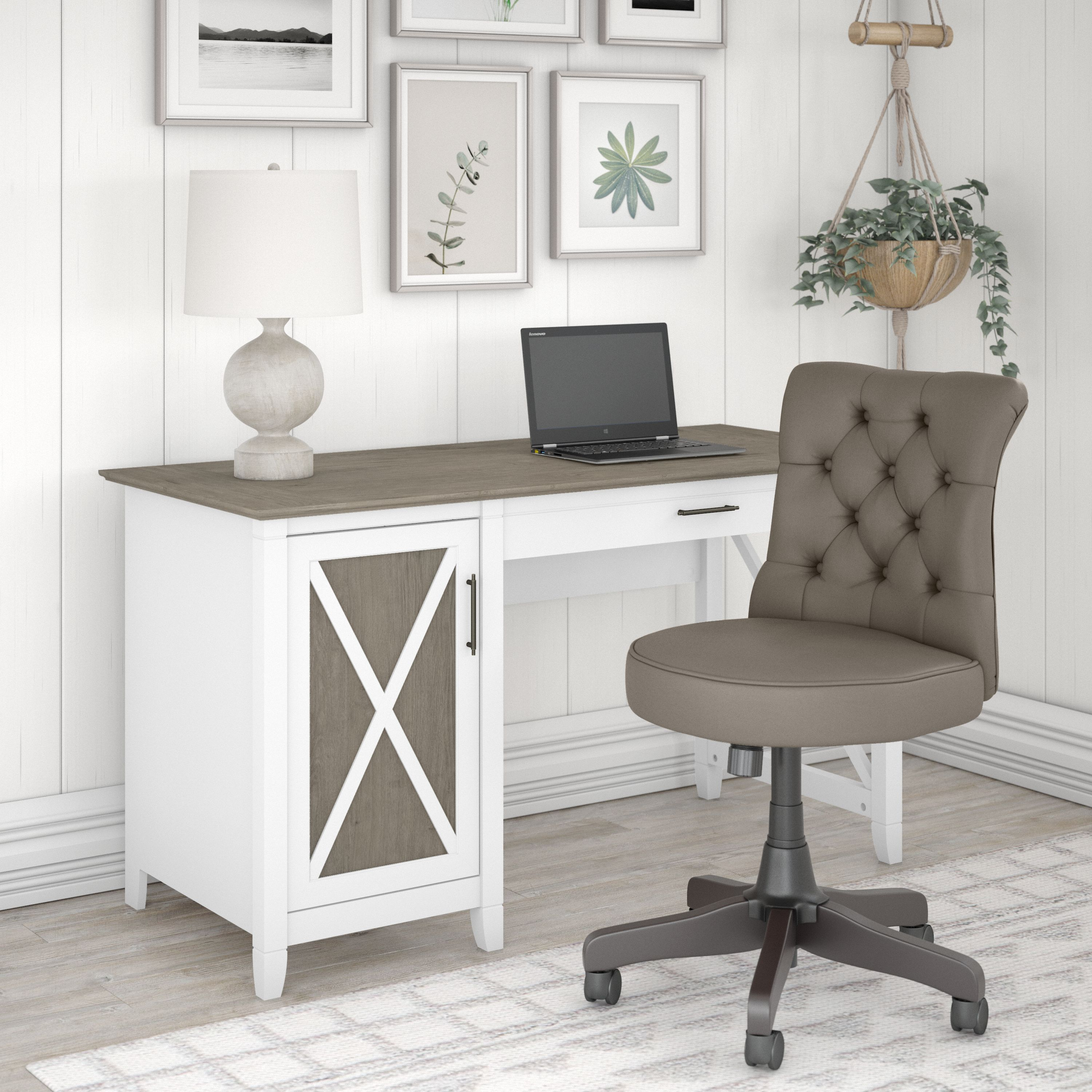 Shop Bush Furniture Key West 54W Computer Desk with Storage and Mid Back Tufted Office Chair 01 KWS020G2W #color_shiplap gray