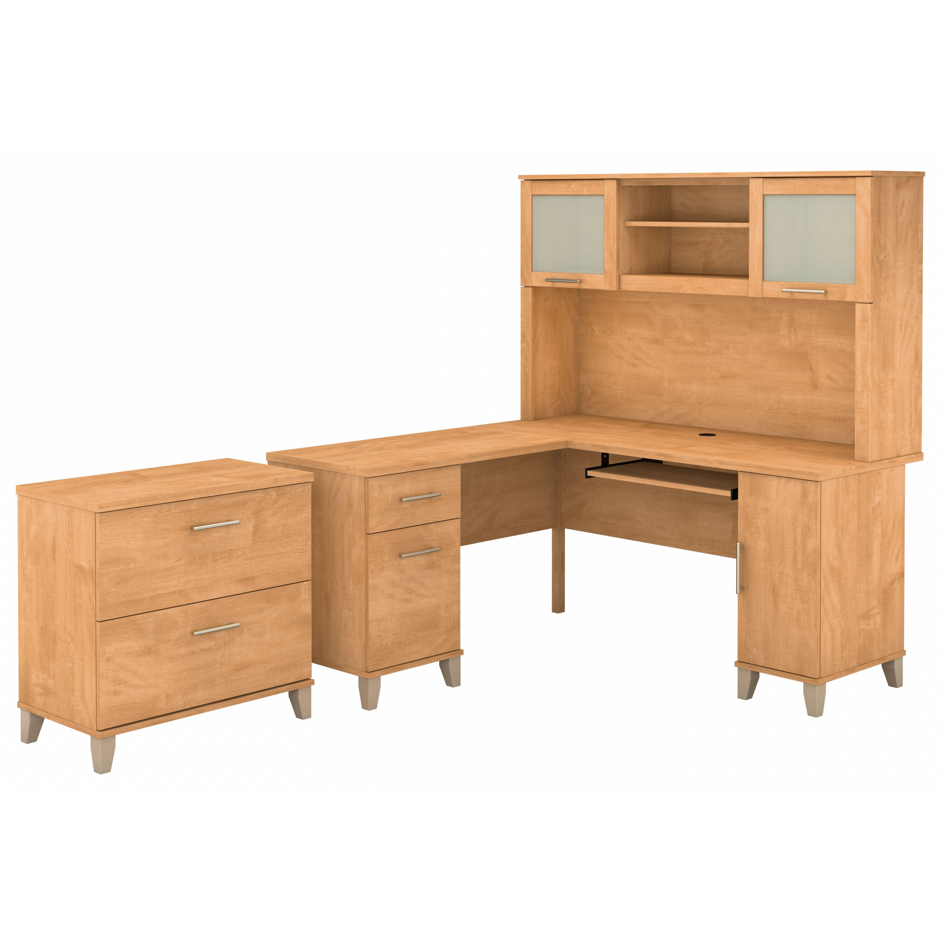 Shop Bush Furniture Somerset 60W L Shaped Desk with Hutch and Lateral File Cabinet 02 SET008MC #color_maple cross