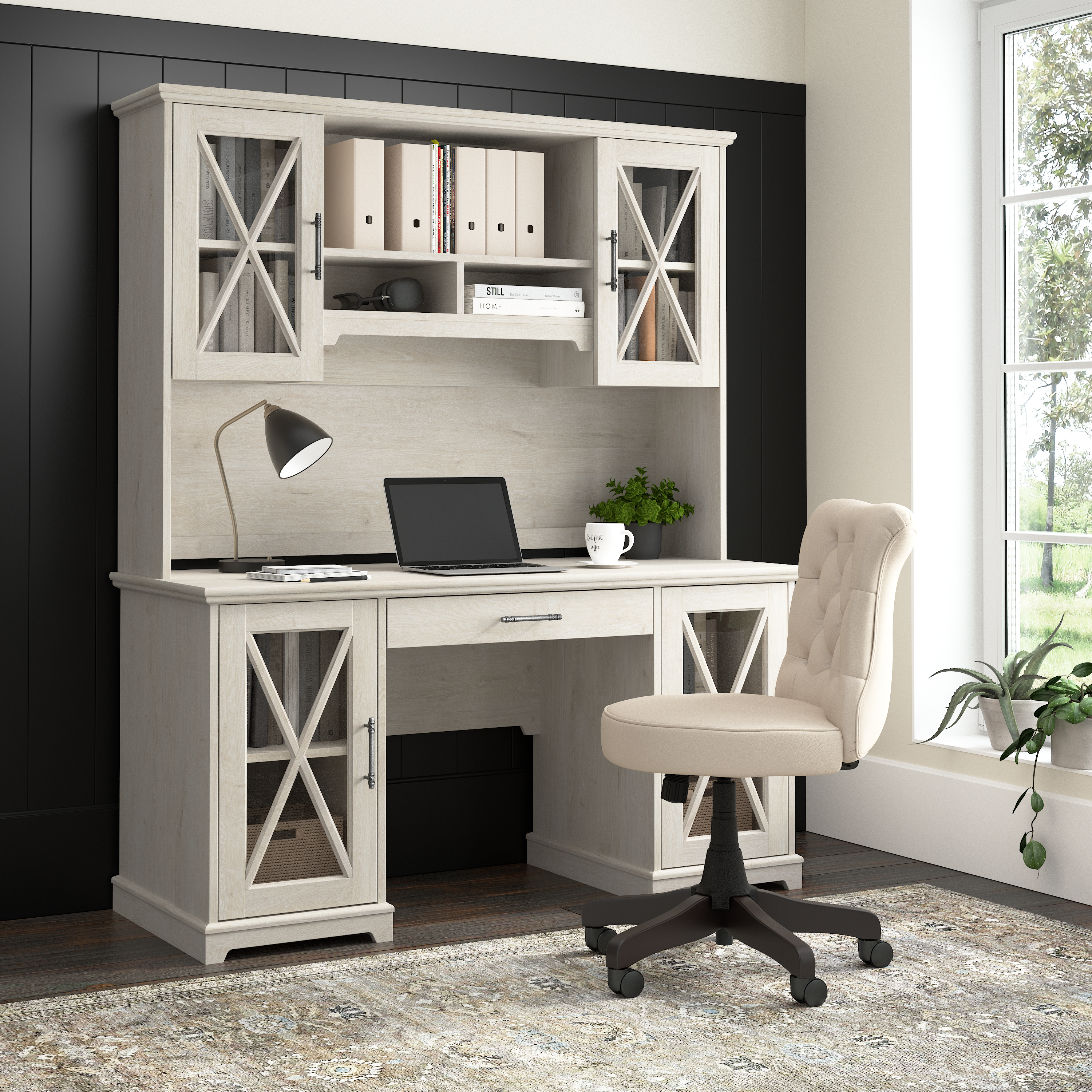 Shop Bush Furniture Lennox 60W Farmhouse Desk with Hutch and Keyboard Tray 01 LEN004LW #color_linen white oak