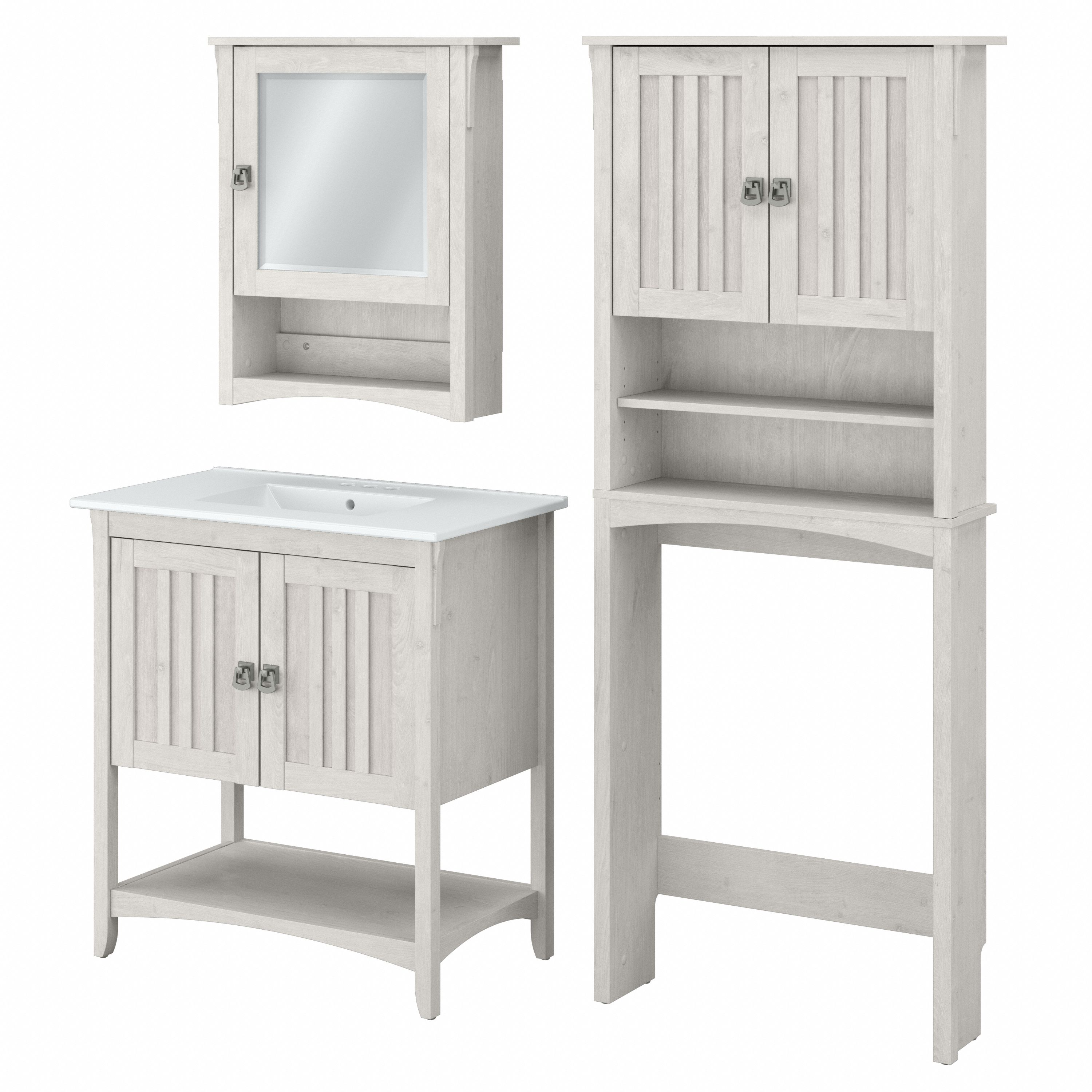 Shop Bush Furniture Salinas 32W Bathroom Vanity Sink with Mirror and Over The Toilet Storage Cabinet 02 SAL023LW #color_linen white oak