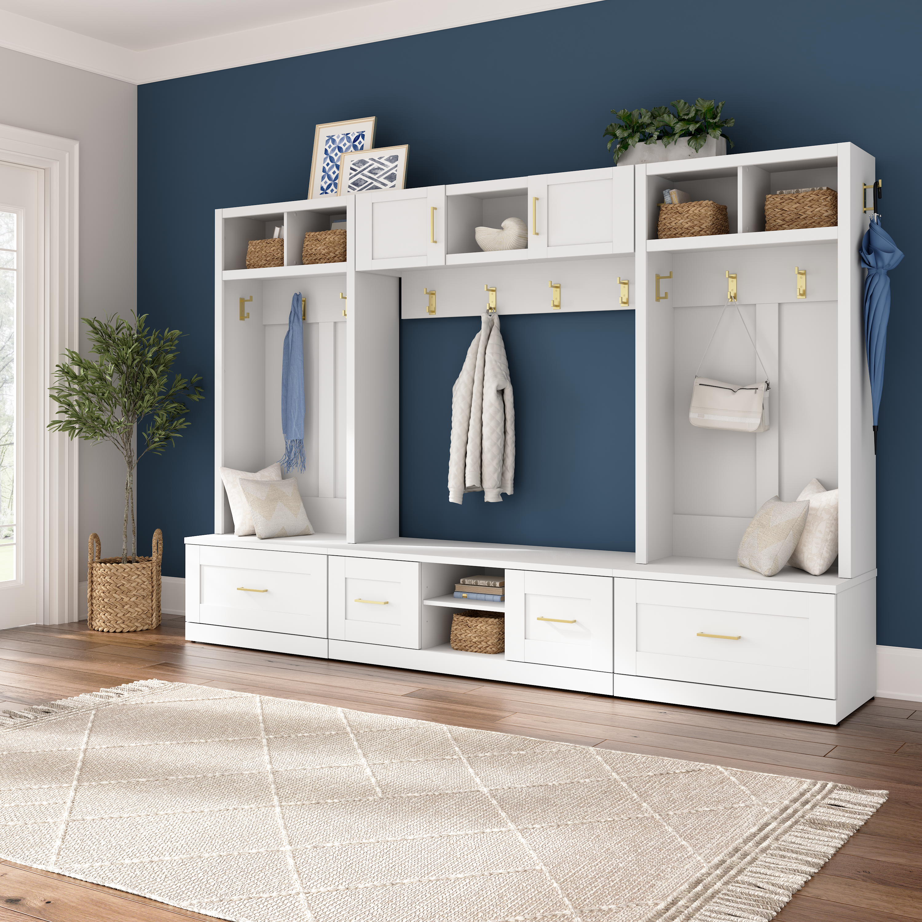 Shop Bush Furniture Hampton Heights Full Entryway Storage Set with Coat Rack, Hall Trees, and Shoe Benches with Doors and Drawers 01 HHS008WH #color_white