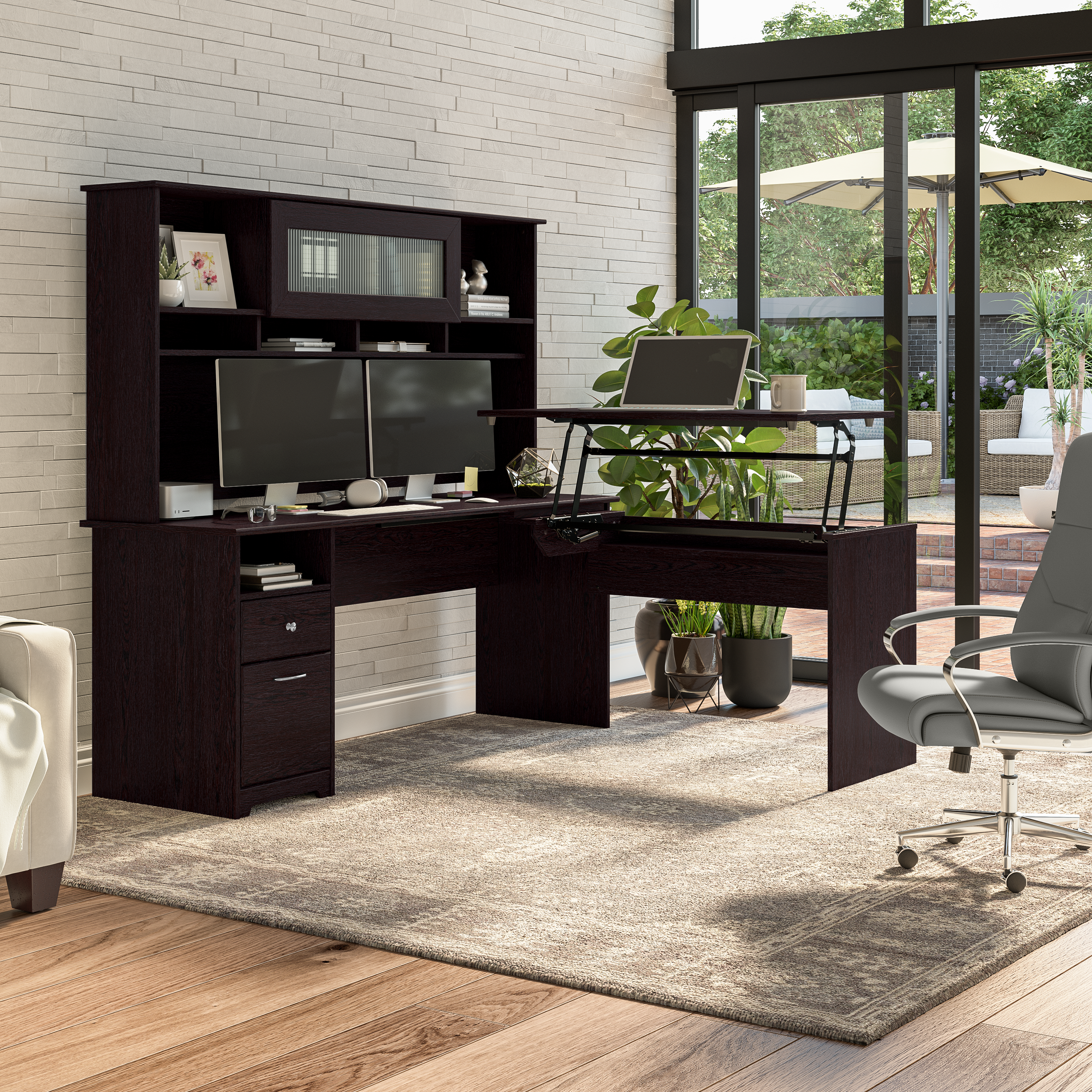 Shop Bush Furniture Cabot 72W 3 Position Sit to Stand L Shaped Desk with Hutch 01 CAB052EPO #color_espresso oak