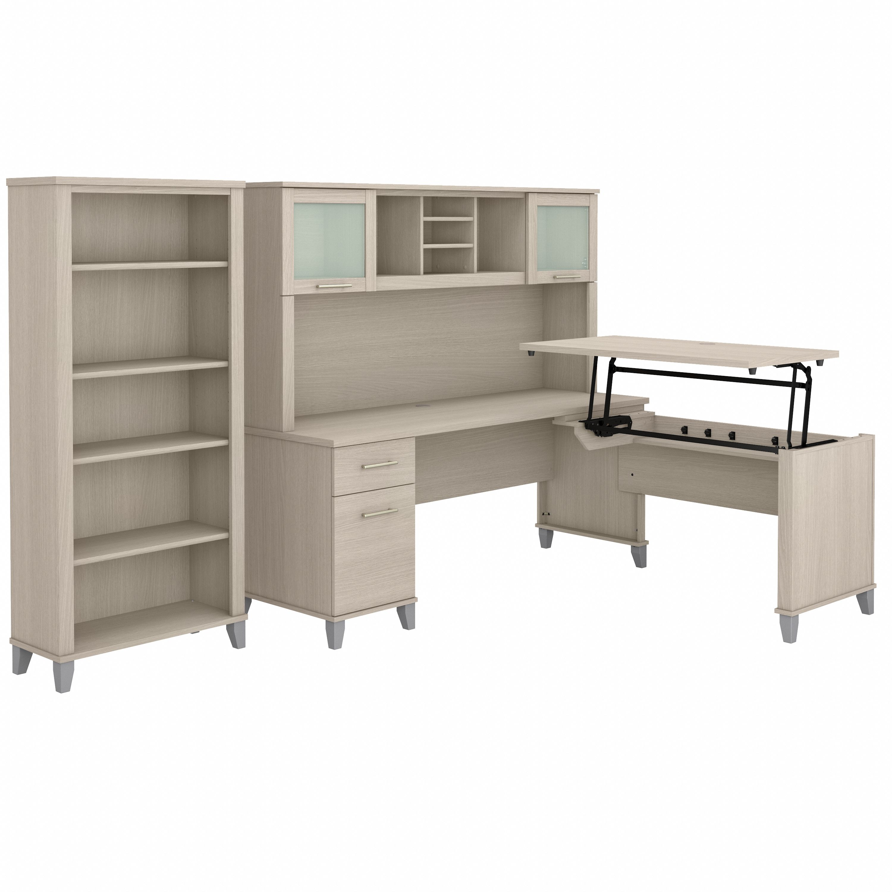 Shop Bush Furniture Somerset 72W 3 Position Sit to Stand L Shaped Desk with Hutch and Bookcase 02 SET017SO #color_sand oak
