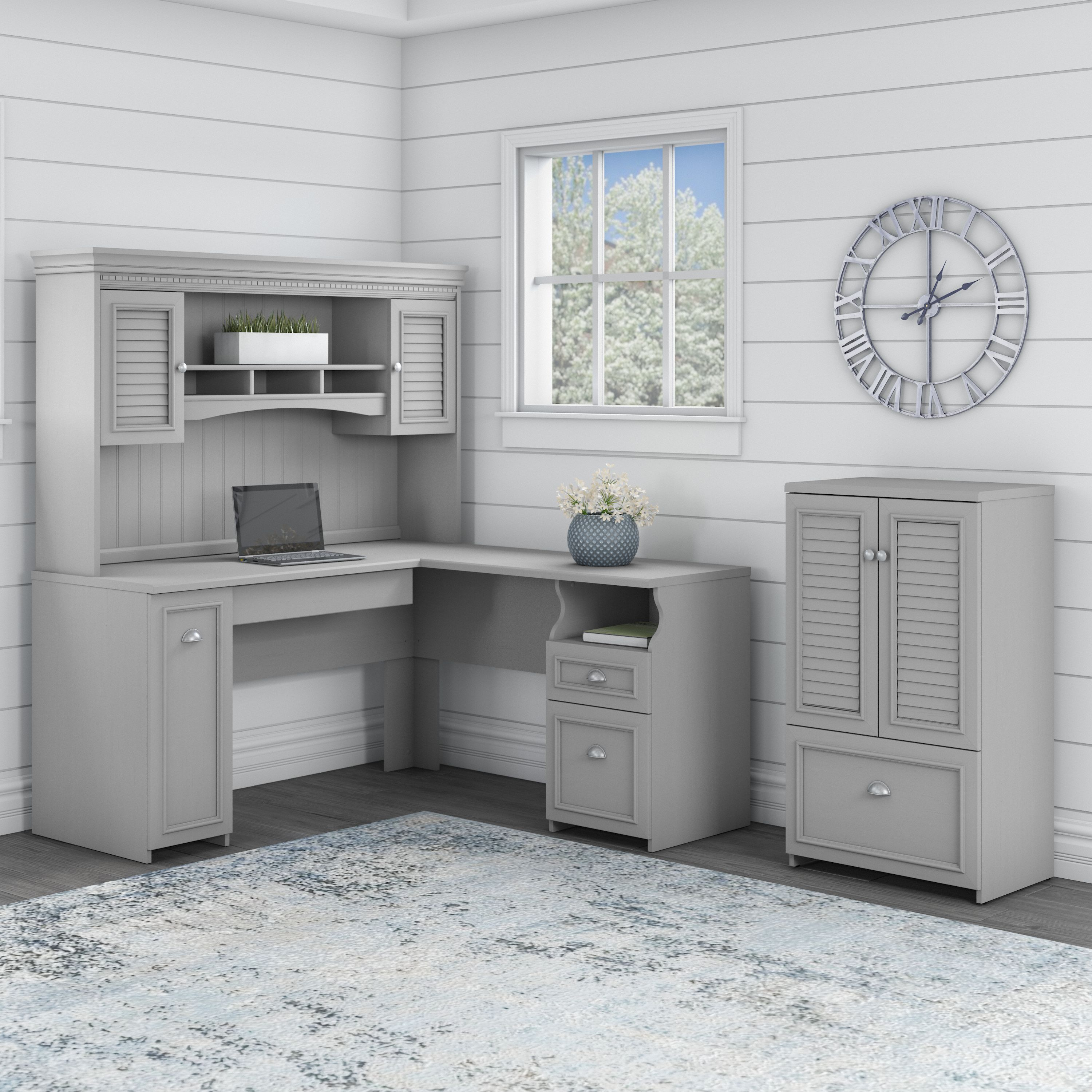 Shop Bush Furniture Fairview 60W L Shaped Desk with Hutch and Storage Cabinet with File Drawer 01 FV010CG #color_cape cod gray