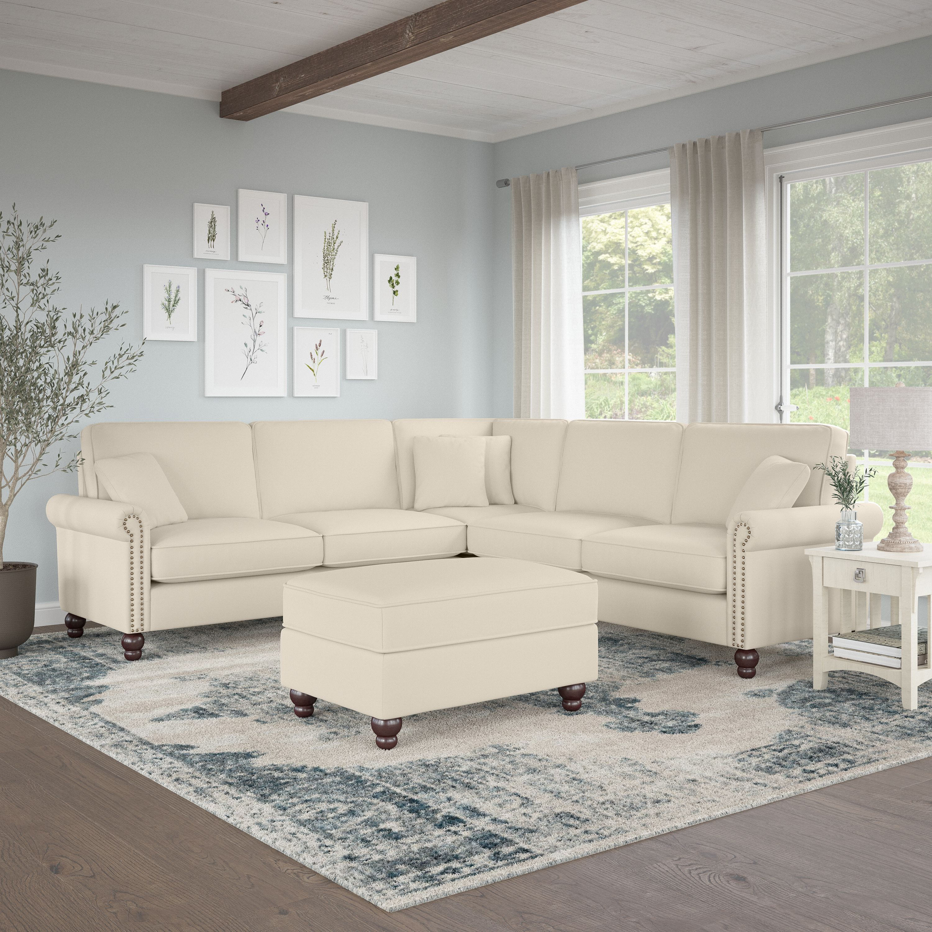 Shop Bush Furniture Coventry 99W L Shaped Sectional Couch with Ottoman 01 CVN003CRH #color_cream herringbone fabric