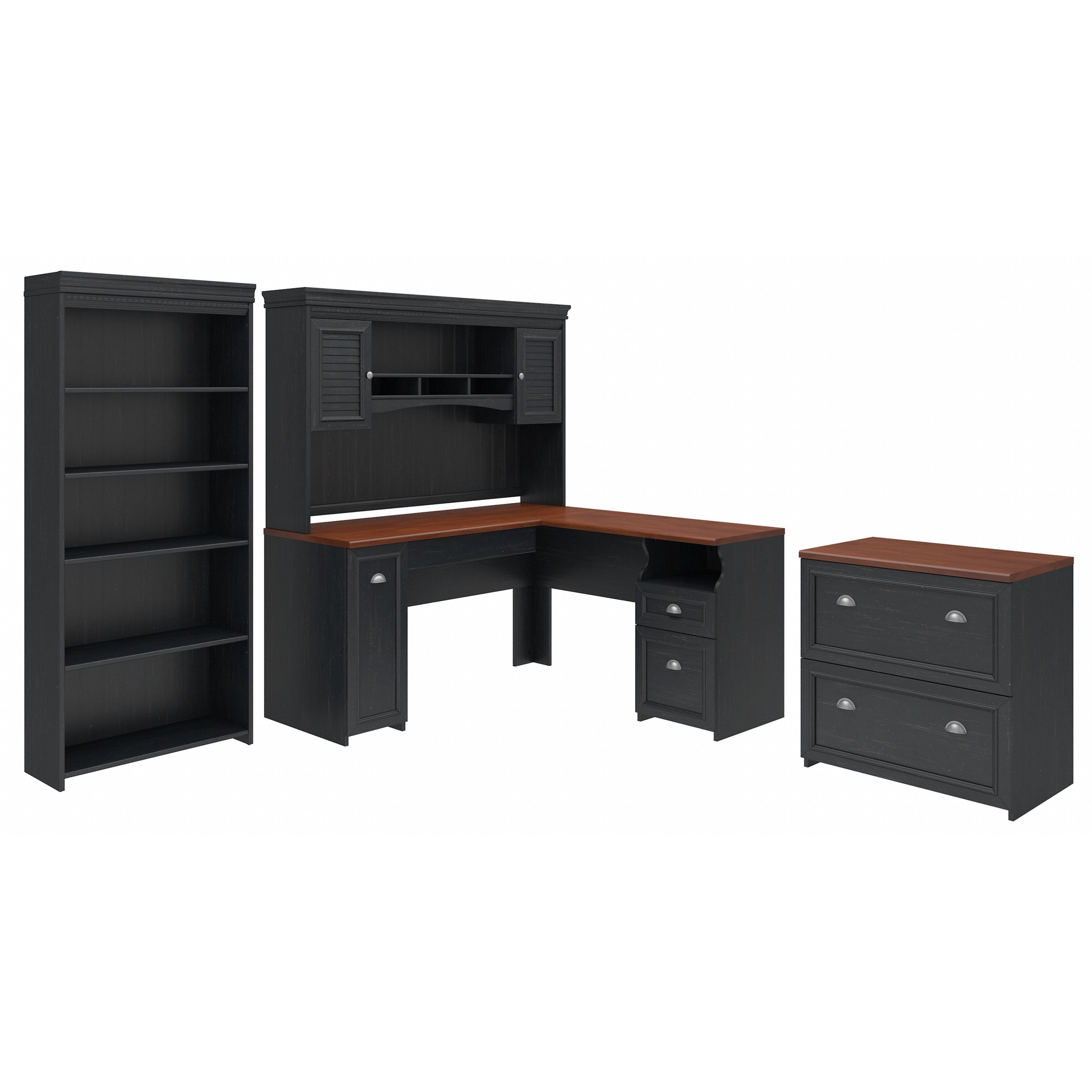 Shop Bush Furniture Fairview 60W L Shaped Desk with Hutch, Lateral File Cabinet and 5 Shelf Bookcase 02 FV006AB #color_antique black