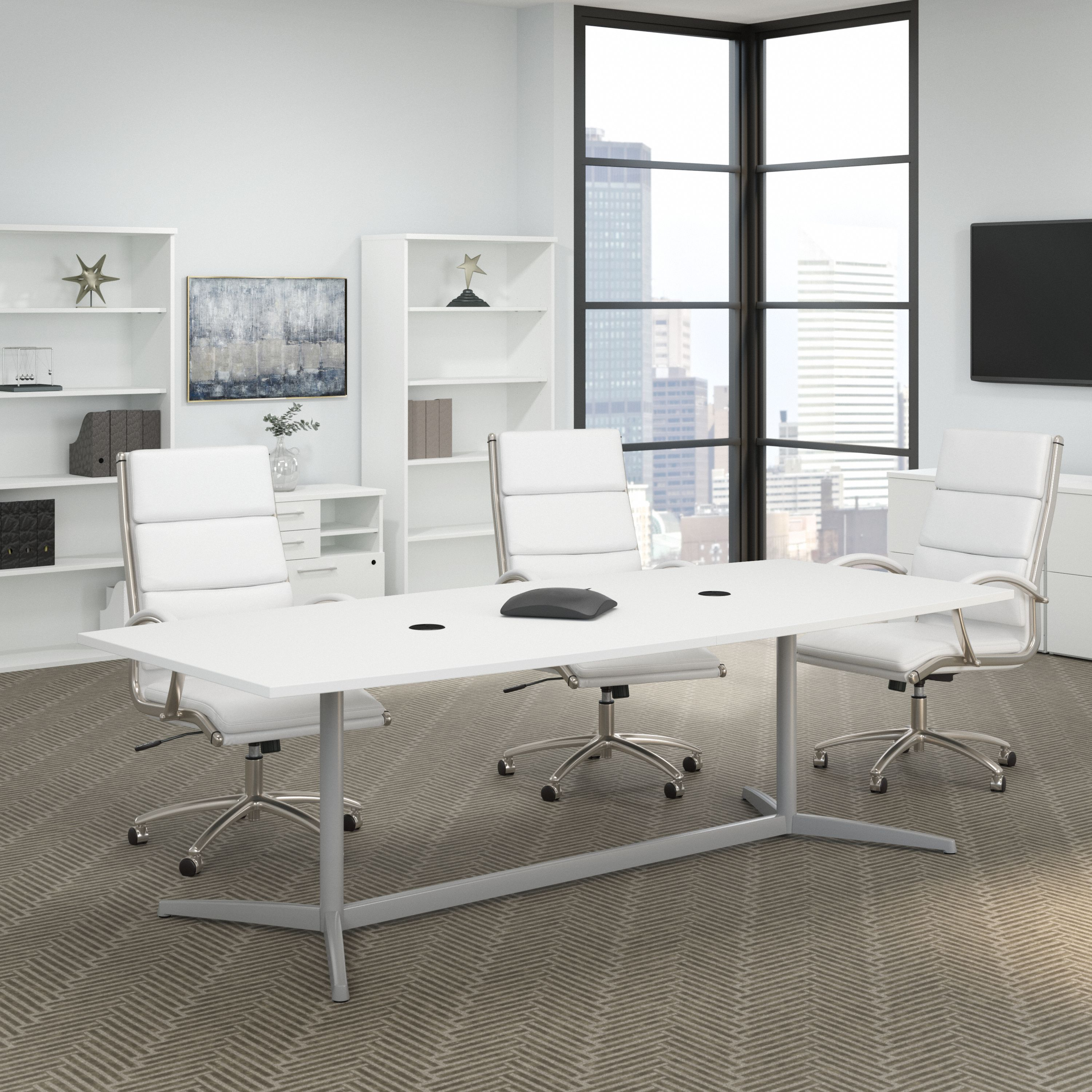 Shop Bush Business Furniture 96W x 42D Boat Shaped Conference Table with Metal Base 01 99TBM96WHSVK #color_white