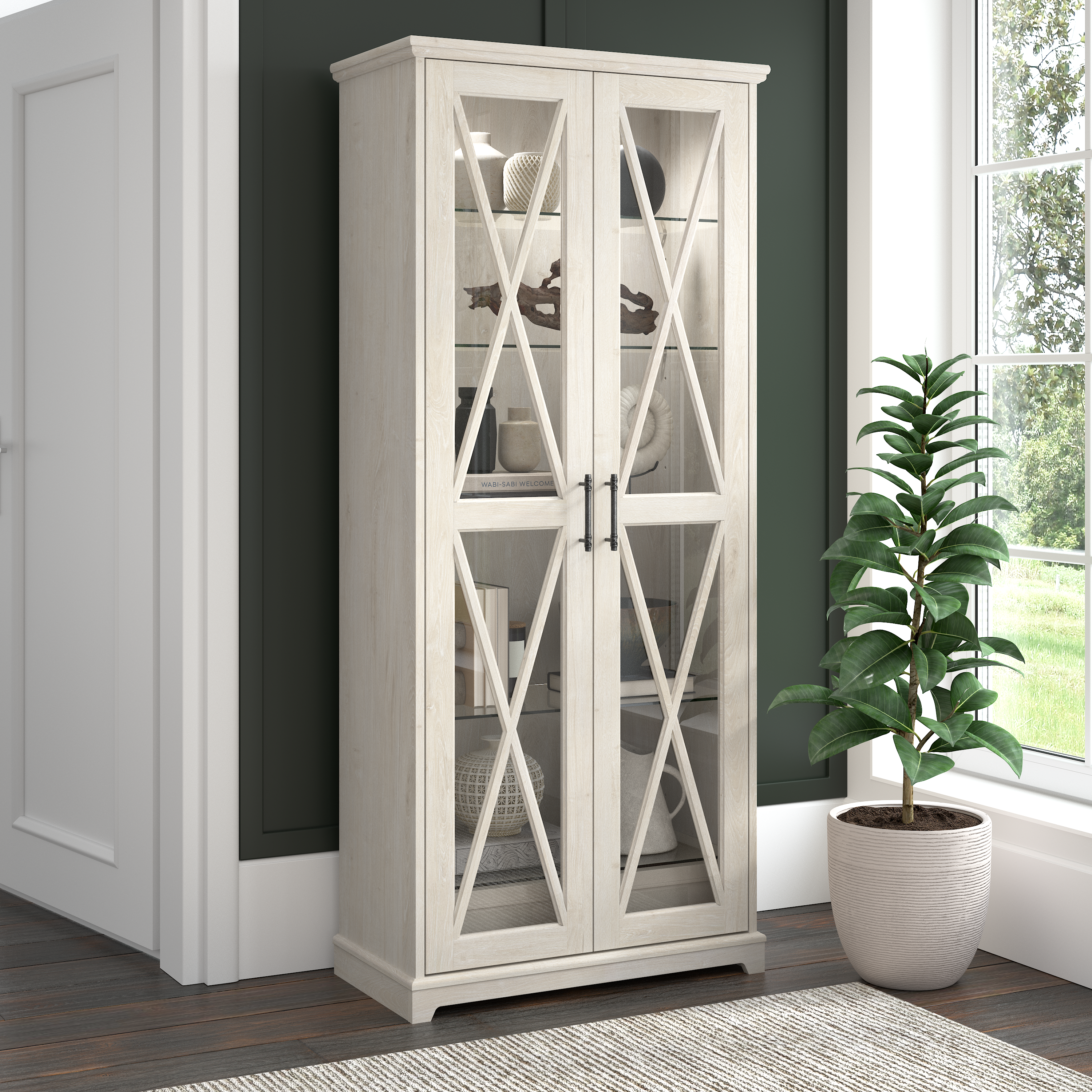 Shop Bush Furniture Lennox Farmhouse Curio Cabinet with Glass Doors and Shelves 01 LES232LW-03K #color_linen white oak